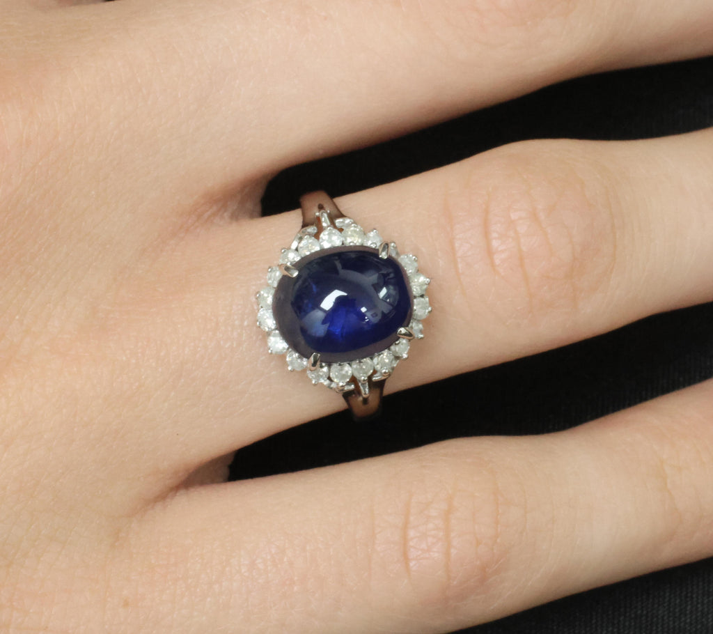 5.42ct Natural Royal Blue Sapphire & 0.50ct Diamond Halo Platinum Ring, Size 6.5