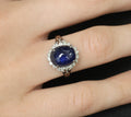 5.42ct Natural Royal Blue Sapphire & 0.50ct Diamond Halo Platinum Ring, Size 6.5