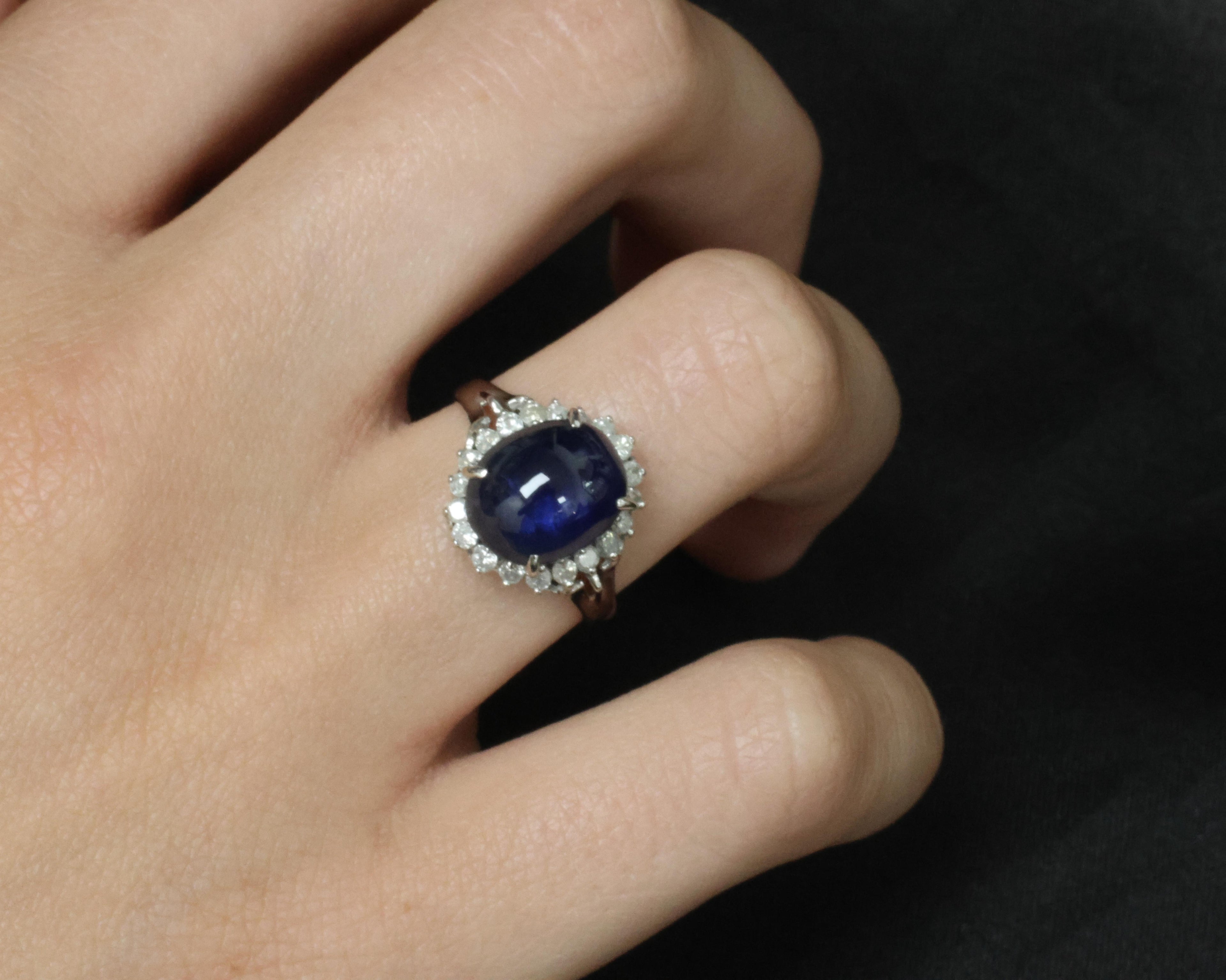 5.42ct Natural Royal Blue Sapphire & 0.50ct Diamond Halo Platinum Ring, Size 6.5