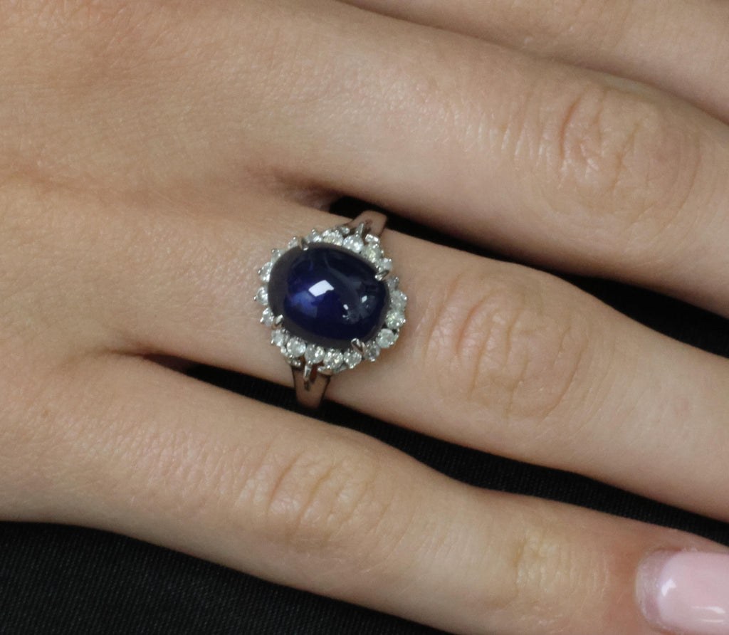 5.42ct Natural Royal Blue Sapphire & 0.50ct Diamond Halo Platinum Ring, Size 6.5
