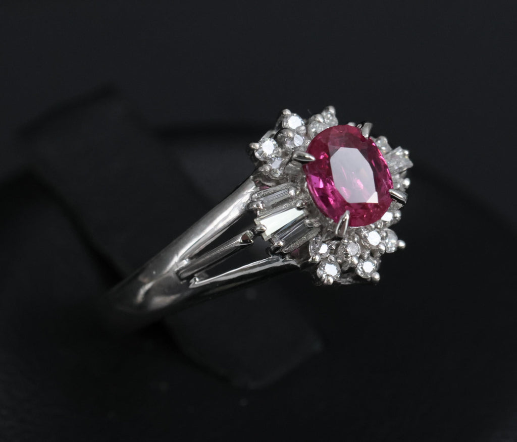 Vintage 0.55ct Ruby & 0.15ct Diamond Platinum Cocktail Cluster Ring Size 4.75