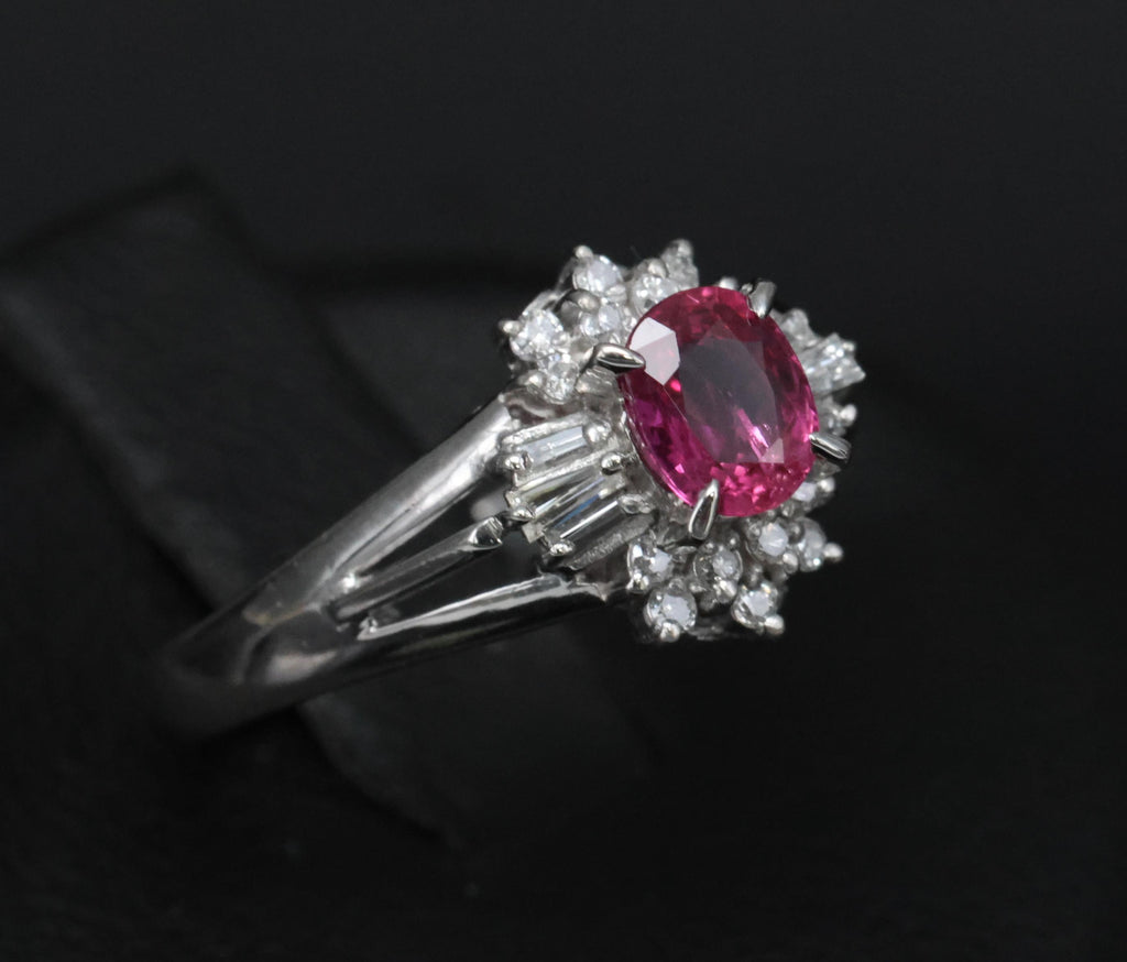 Vintage 0.55ct Ruby & 0.15ct Diamond Platinum Cocktail Cluster Ring Size 4.75