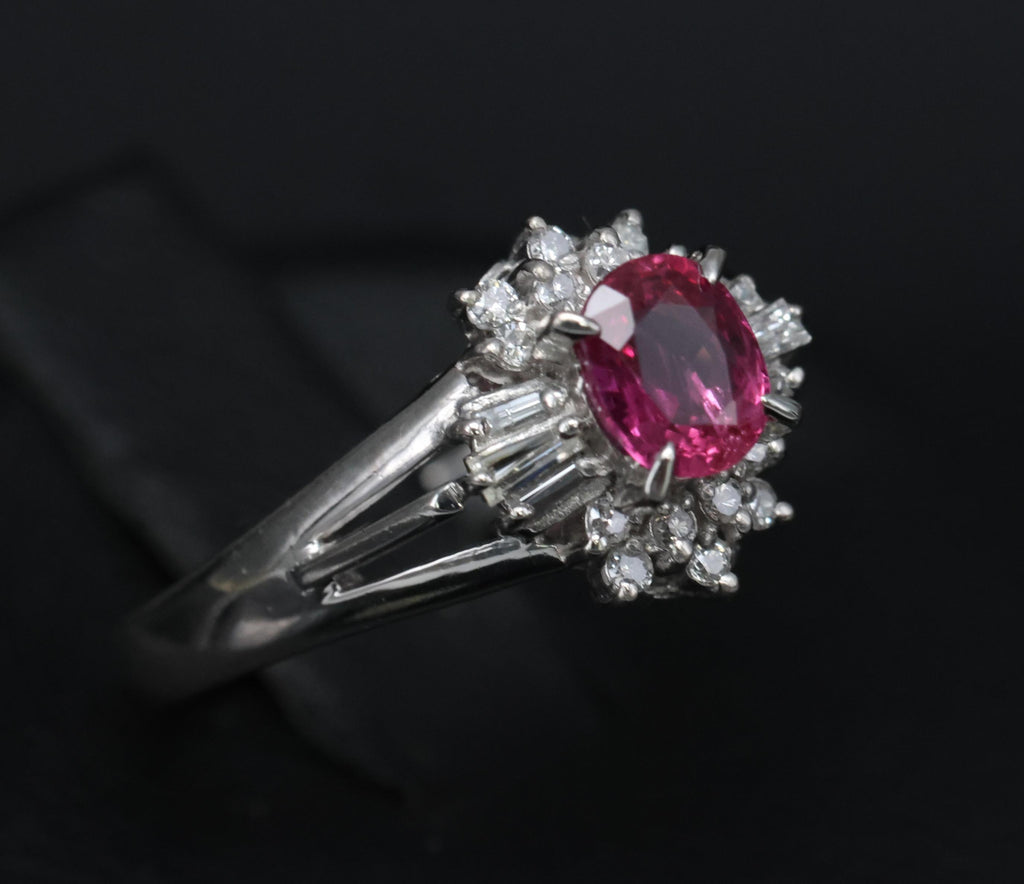 Vintage 0.55ct Ruby & 0.15ct Diamond Platinum Cocktail Cluster Ring Size 4.75