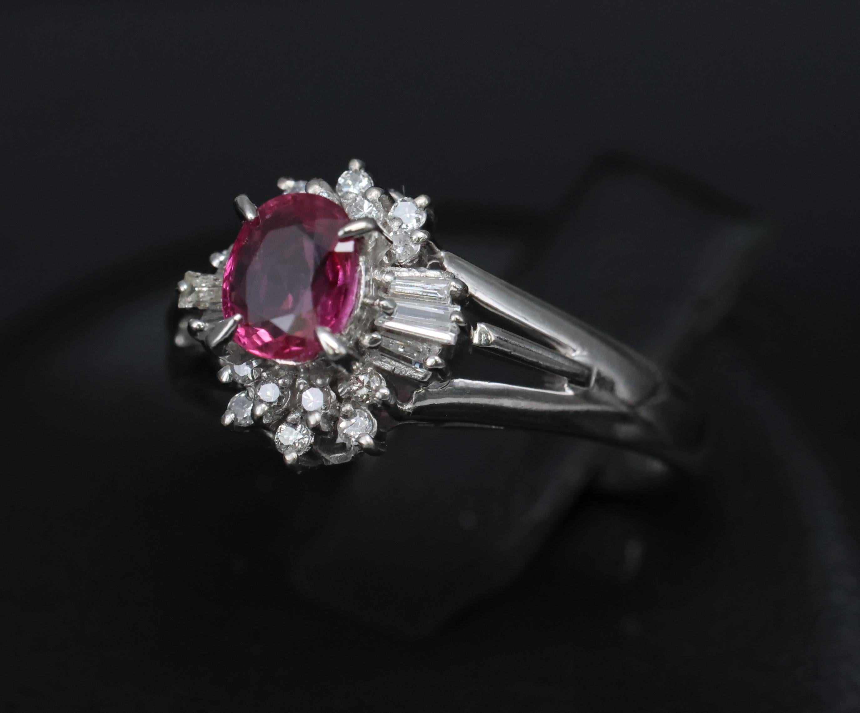 Vintage 0.55ct Ruby & 0.15ct Diamond Platinum Cocktail Cluster Ring Size 4.75