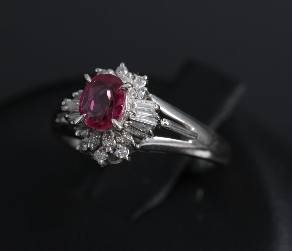 Vintage 0.55ct Ruby & 0.15ct Diamond Platinum Cocktail Cluster Ring Size 4.75