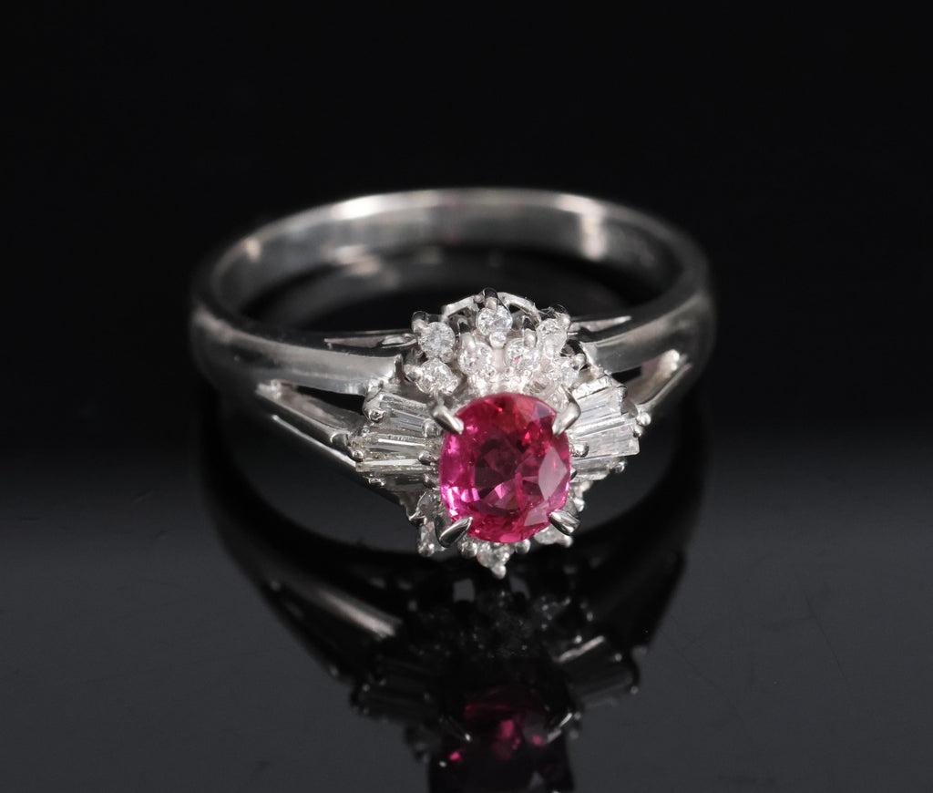 Vintage 0.55ct Ruby & 0.15ct Diamond Platinum Cocktail Cluster Ring Size 4.75