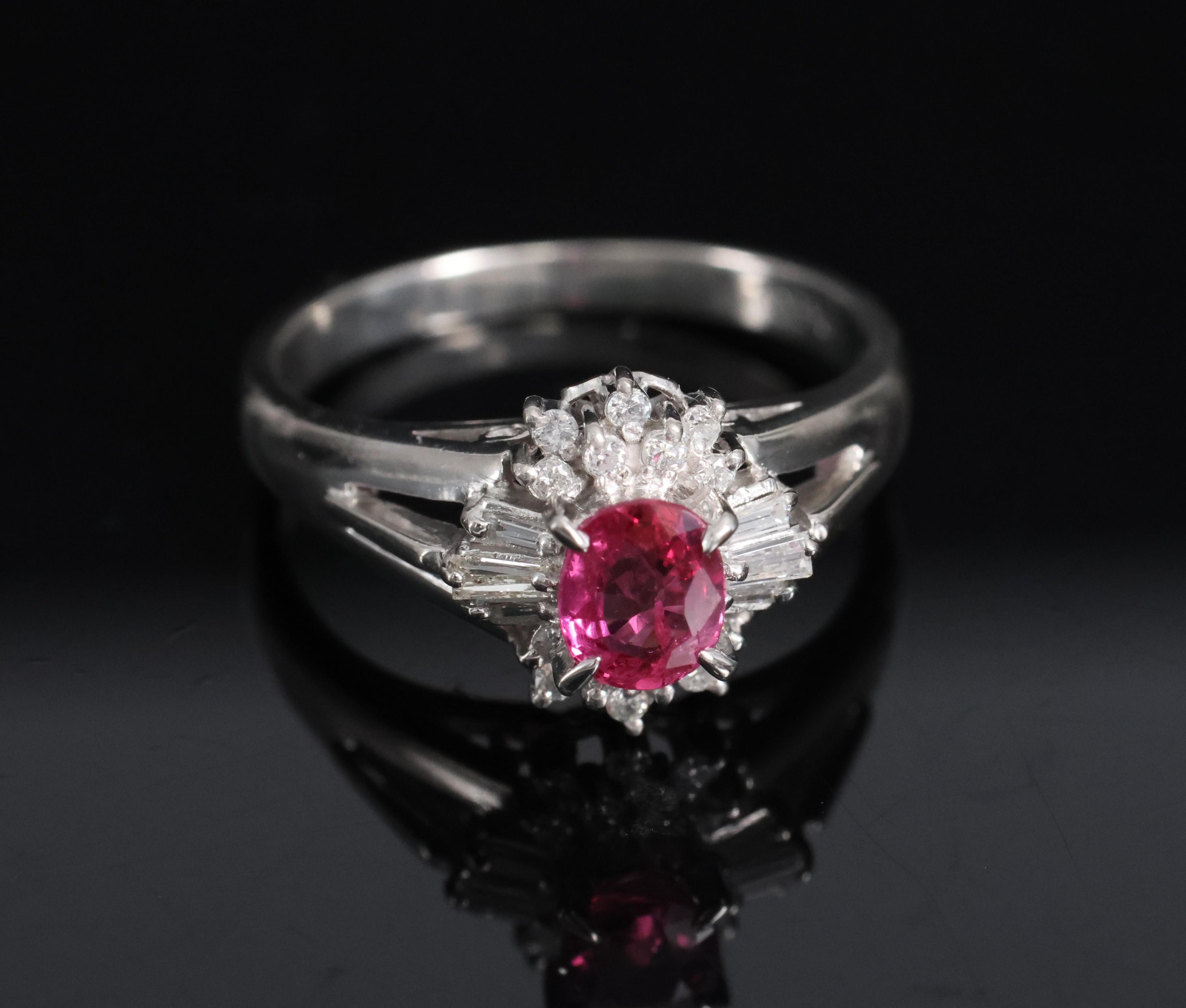 Vintage 0.55ct Ruby & 0.15ct Diamond Platinum Cocktail Cluster Ring Size 4.75