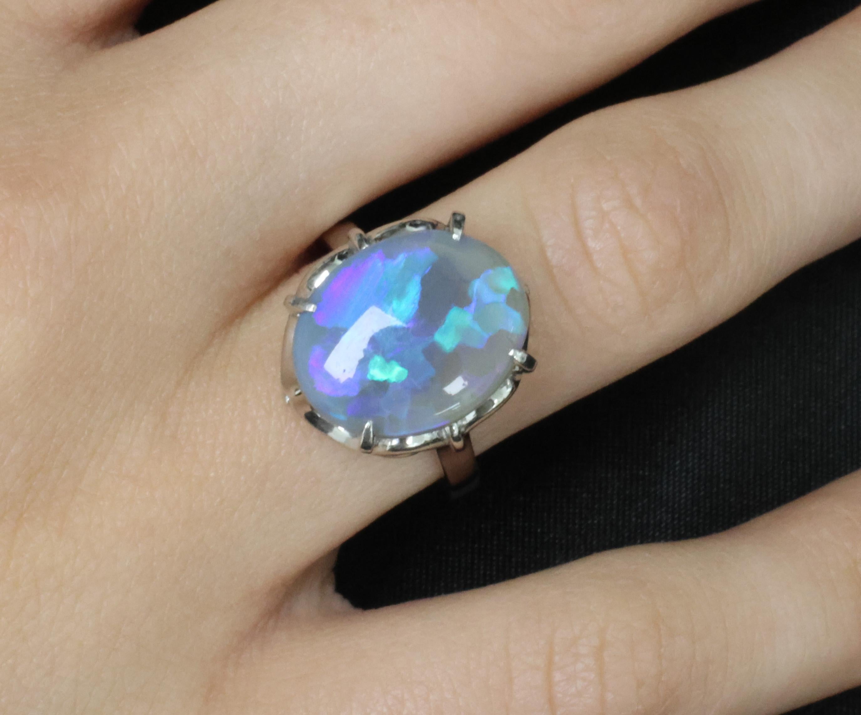 Vintage 6.31ct Natural Untreated Australian Opal Handmade Platinum Ring Size 7.5
