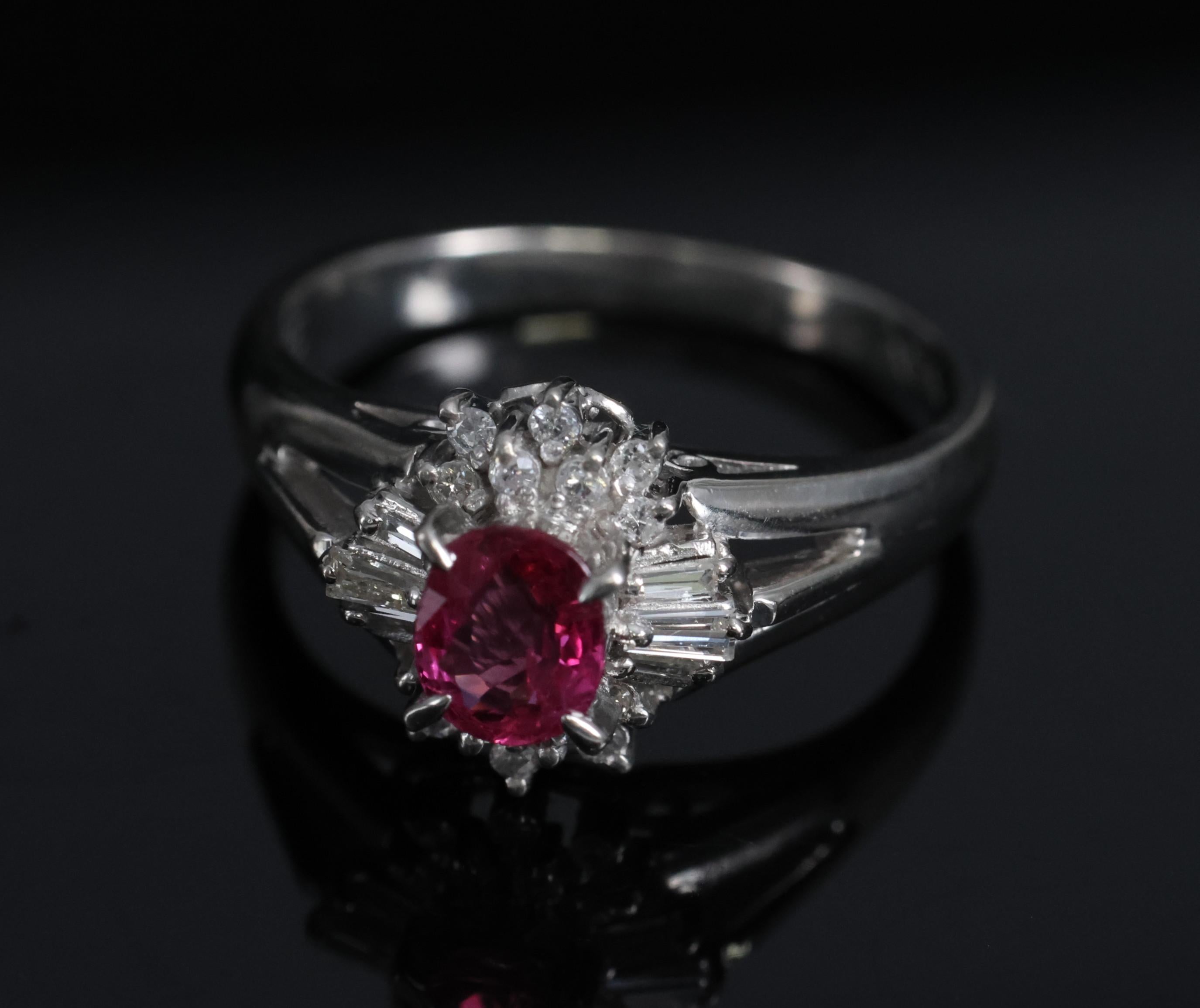 Vintage 0.55ct Ruby & 0.15ct Diamond Platinum Cocktail Cluster Ring Size 4.75