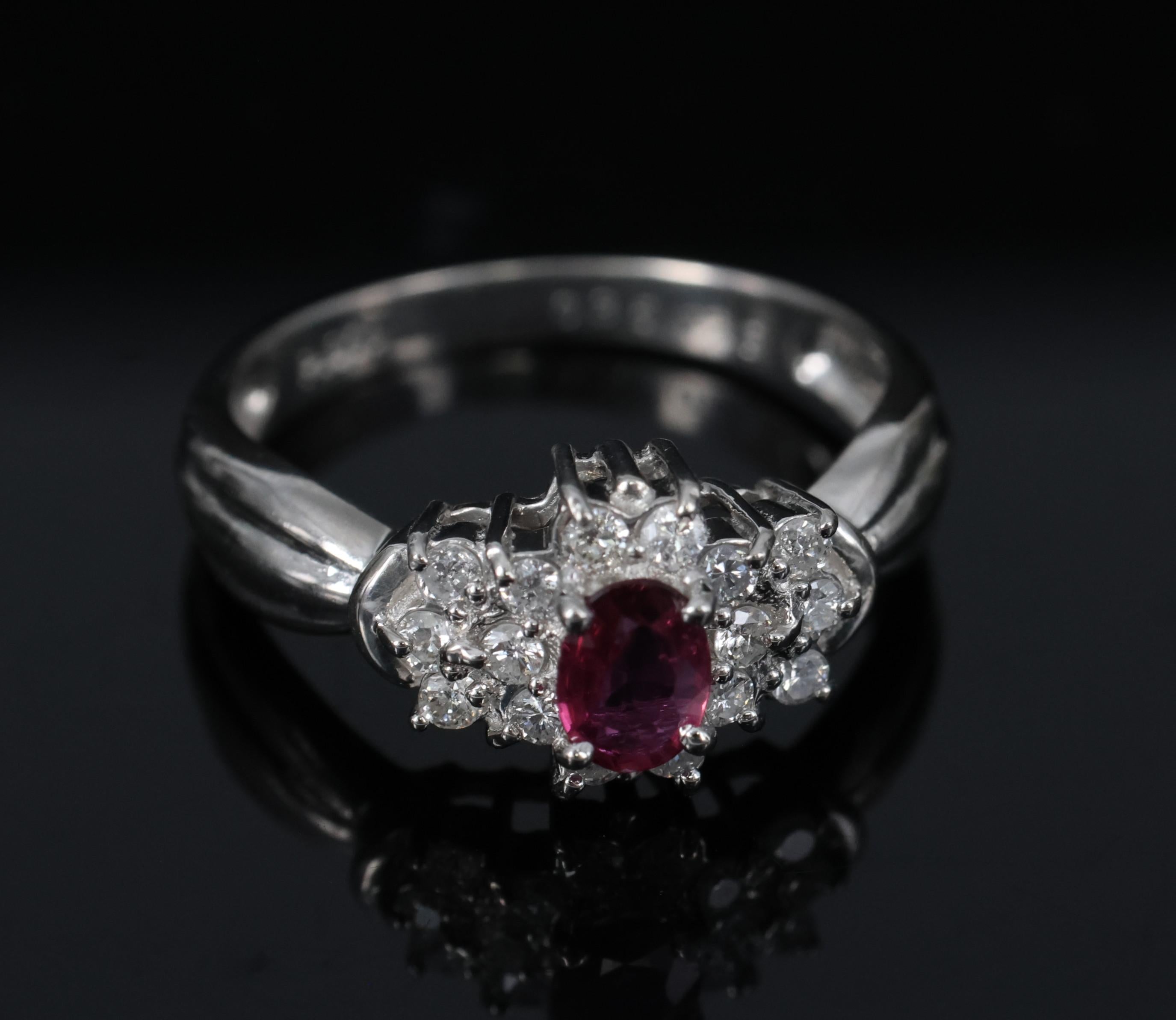 Vintage 0.35ct Natural Untreated Ruby & 0.23ct Diamond Platinum Ring Size 4.75