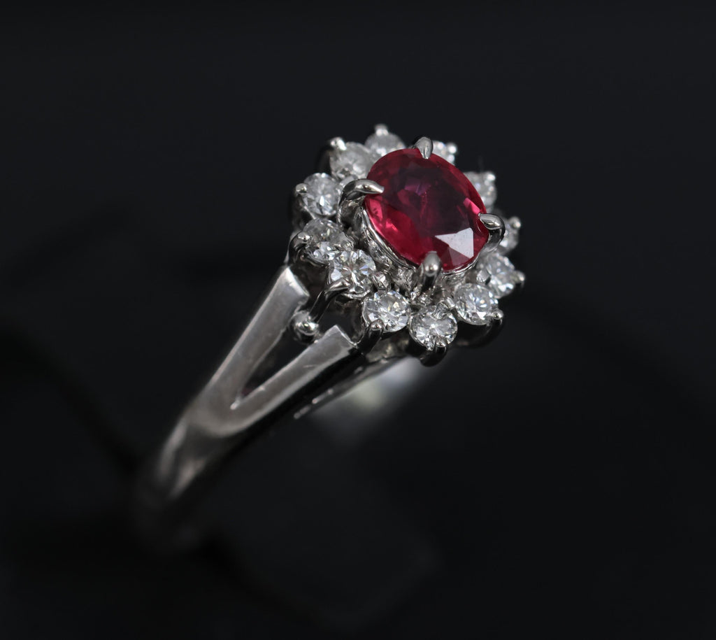 Vintage 0.41ct Ruby & 0.19ct Diamond Platinum Cocktail Halo Ring Size 5.25