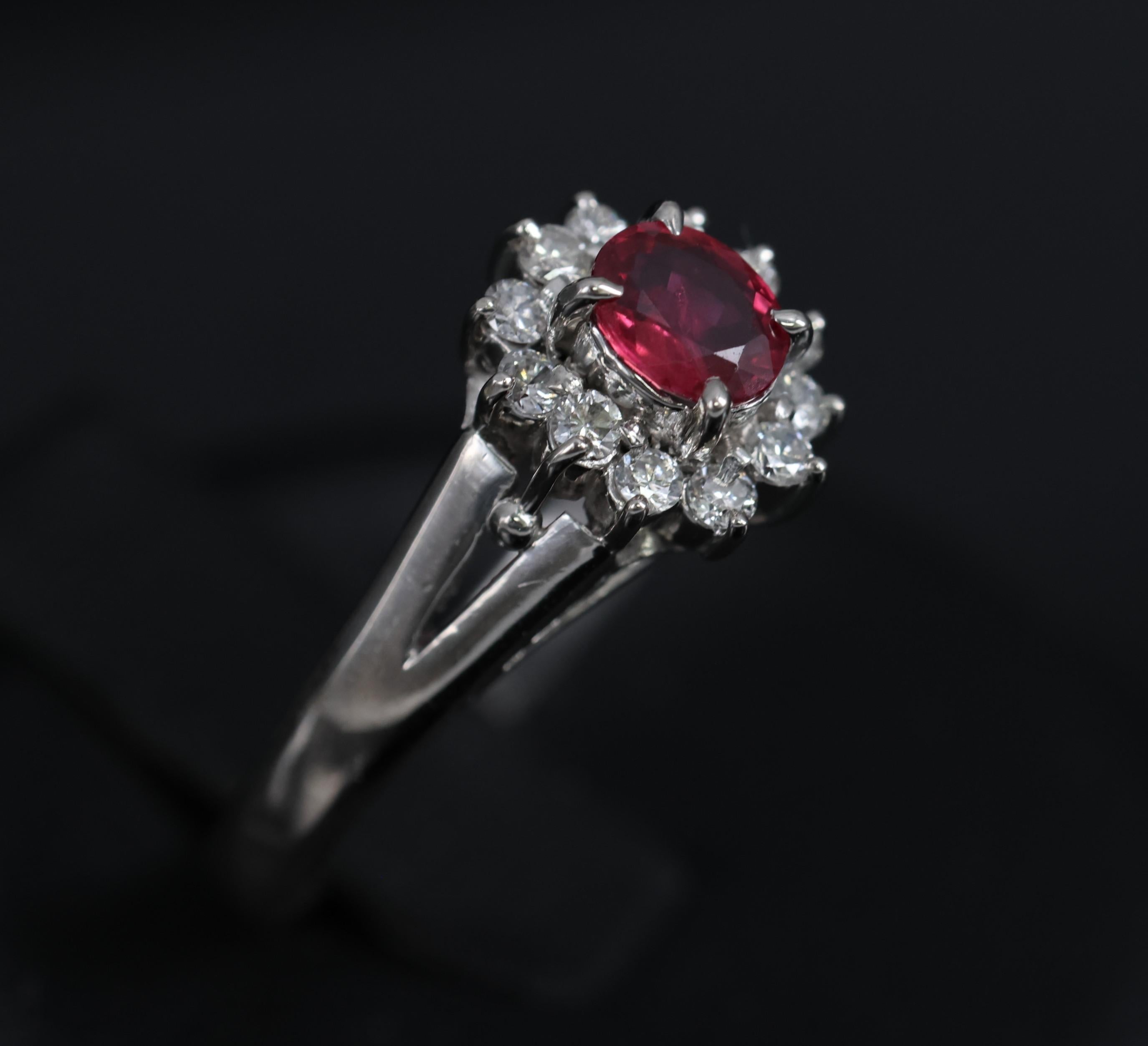 Vintage 0.41ct Ruby & 0.19ct Diamond Platinum Cocktail Halo Ring Size 5.25