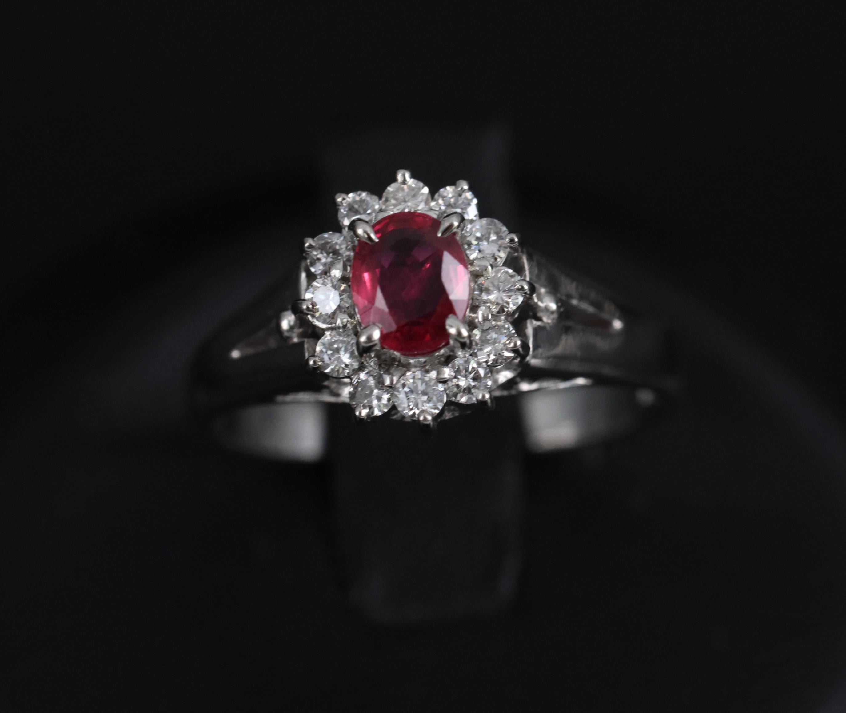 Vintage 0.41ct Ruby & 0.19ct Diamond Platinum Cocktail Halo Ring Size 5.25