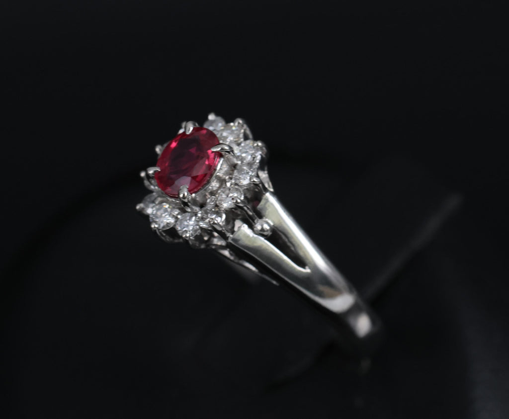 Vintage 0.41ct Ruby & 0.19ct Diamond Platinum Cocktail Halo Ring Size 5.25