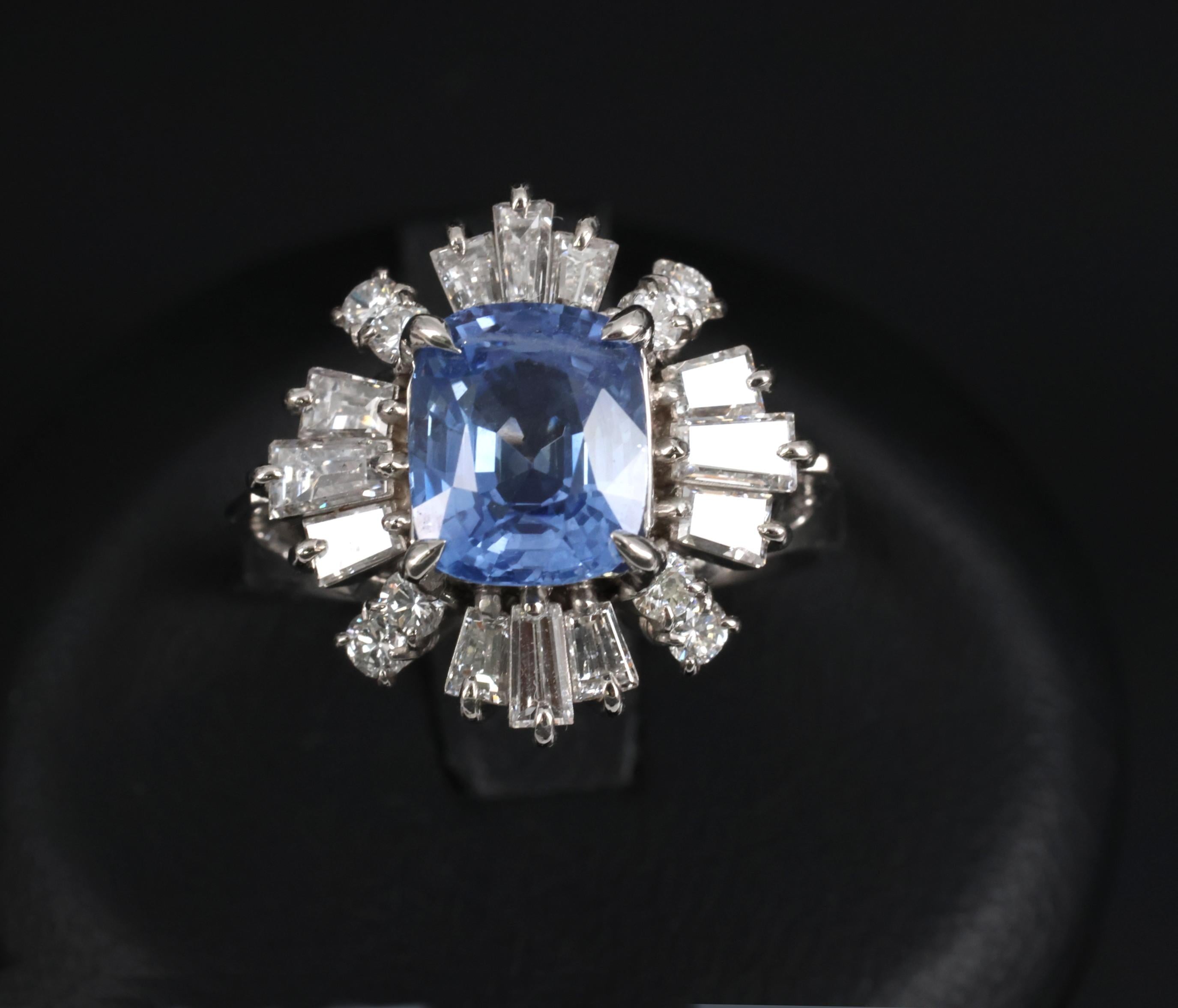 2.90ct GIA Ceylon No Heat Blue Sapphire & 1.33ct Diamond Platinum Ring Size 7.25