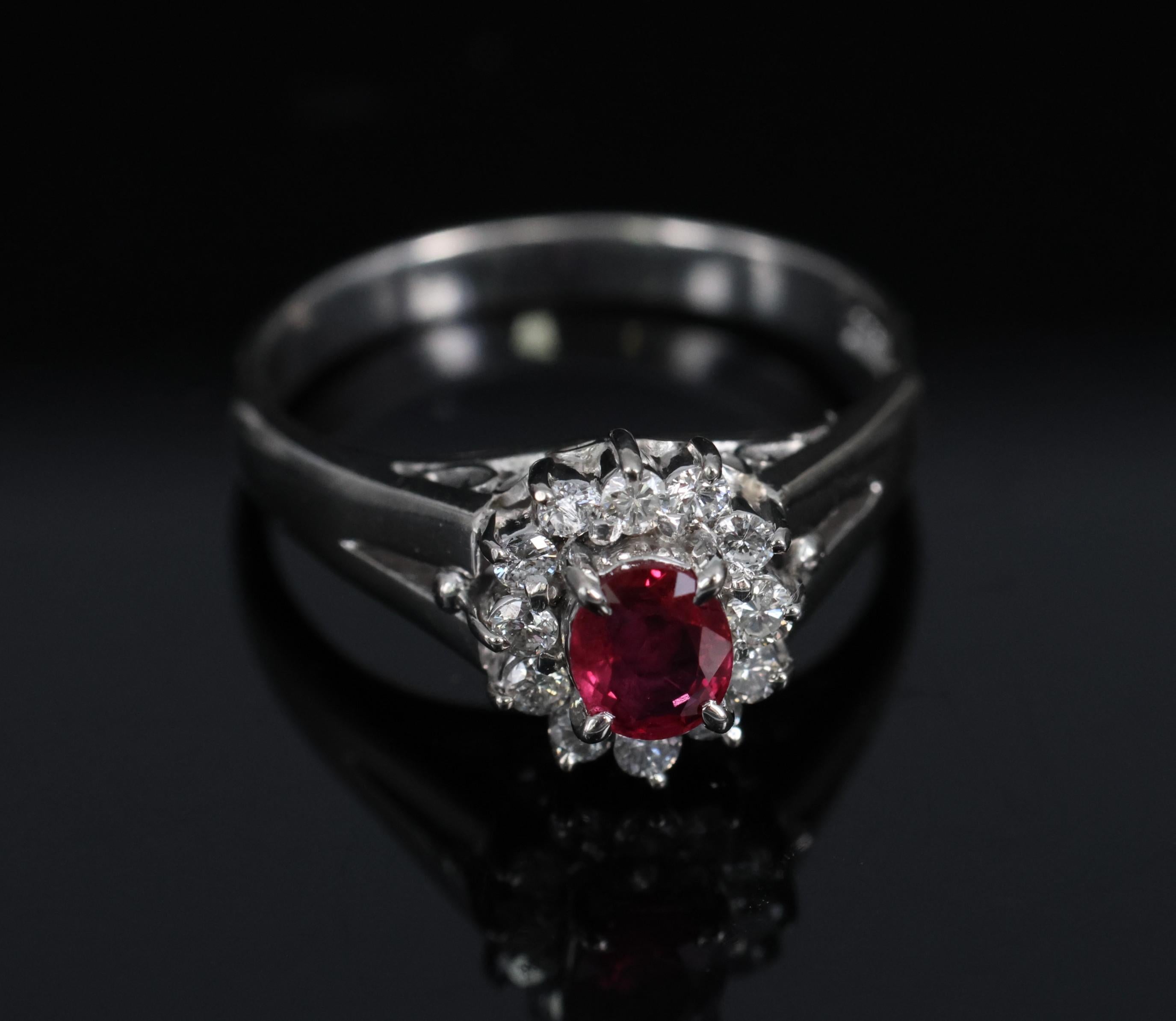 Vintage 0.41ct Ruby & 0.19ct Diamond Platinum Cocktail Halo Ring Size 5.25