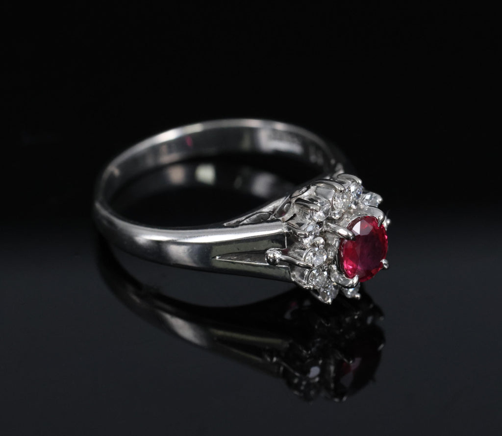 Vintage 0.41ct Ruby & 0.19ct Diamond Platinum Cocktail Halo Ring Size 5.25