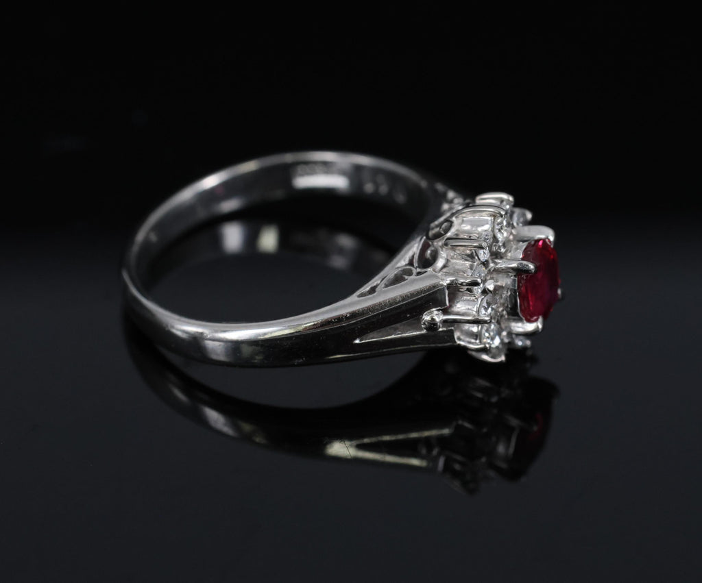 Vintage 0.41ct Ruby & 0.19ct Diamond Platinum Cocktail Halo Ring Size 5.25