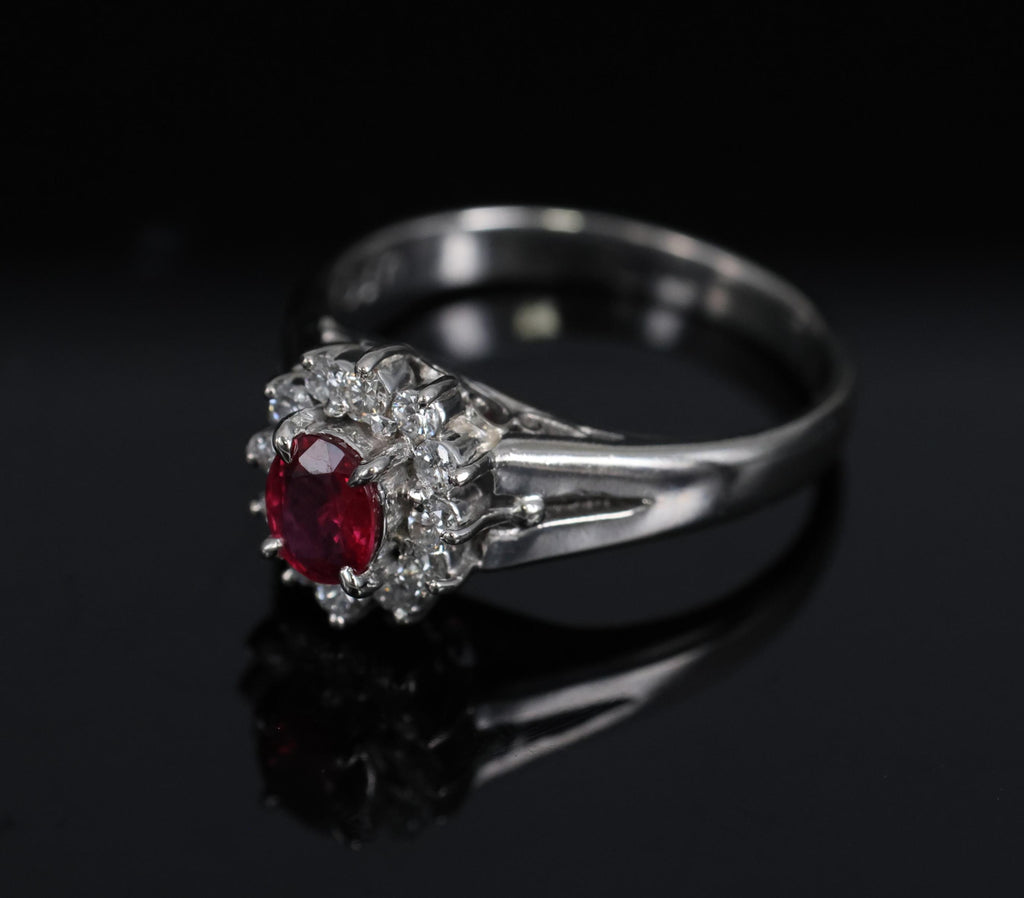 Vintage 0.41ct Ruby & 0.19ct Diamond Platinum Cocktail Halo Ring Size 5.25