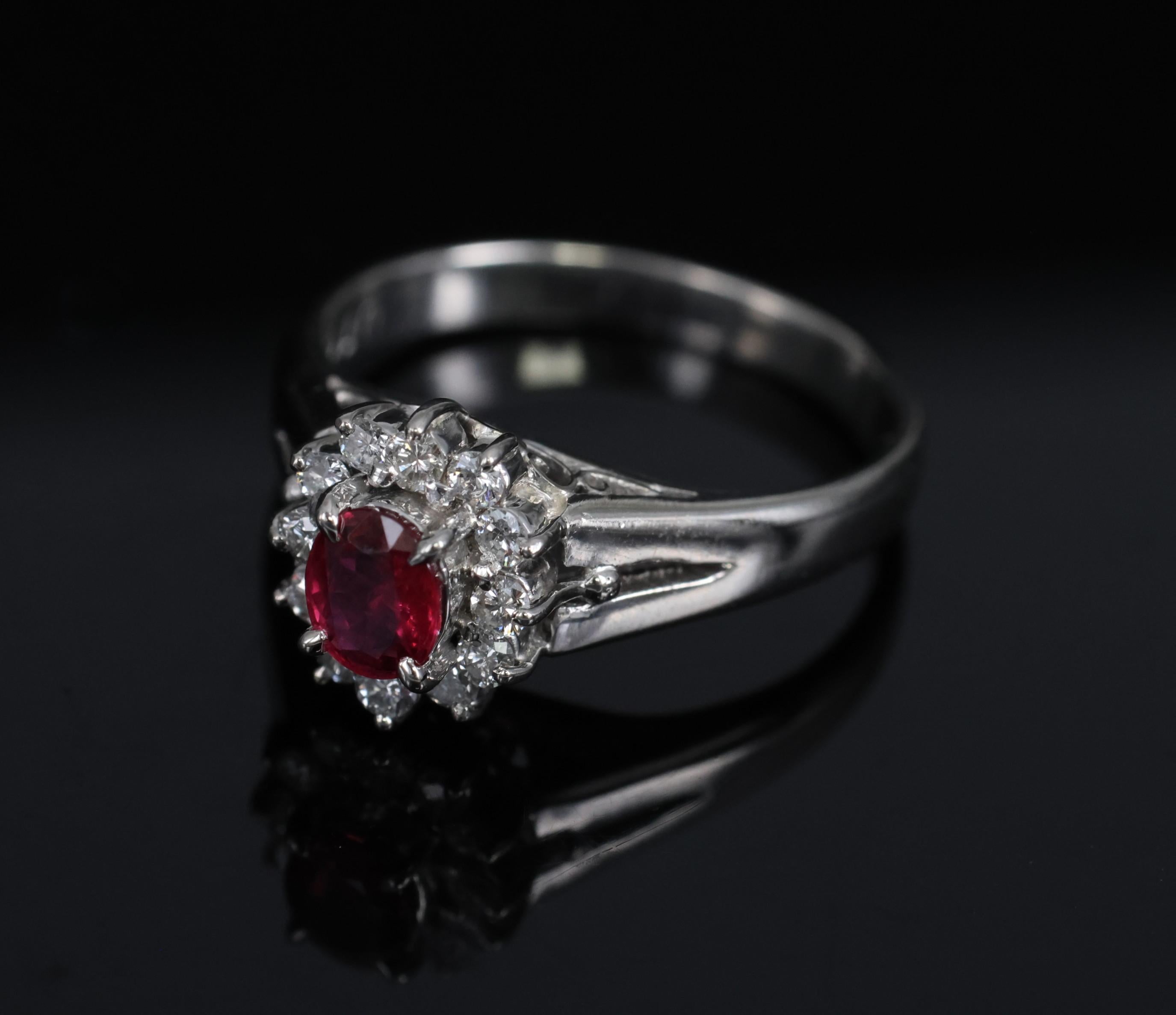 Vintage 0.41ct Ruby & 0.19ct Diamond Platinum Cocktail Halo Ring Size 5.25