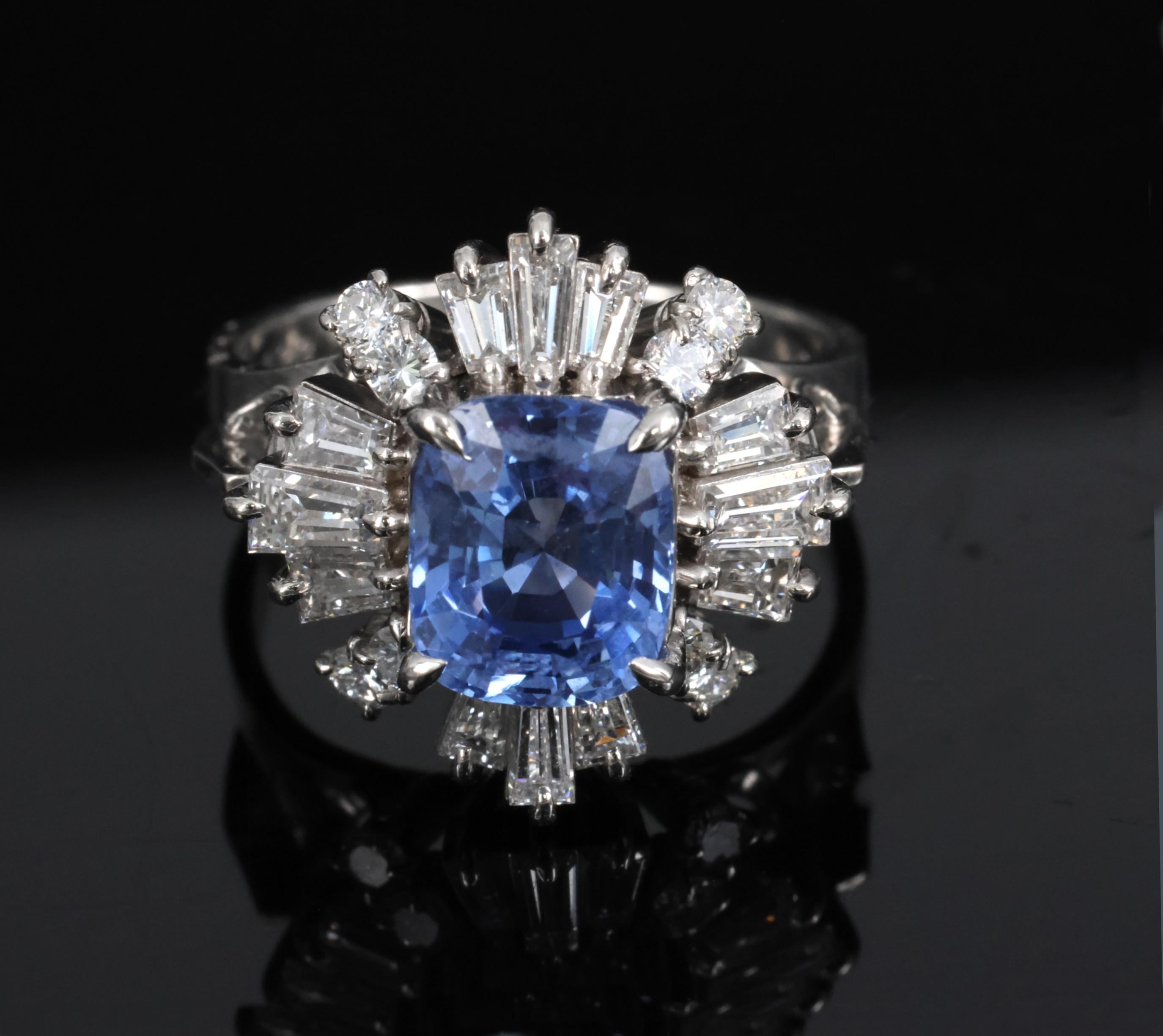 2.90ct GIA Ceylon No Heat Blue Sapphire & 1.33ct Diamond Platinum Ring Size 7.25