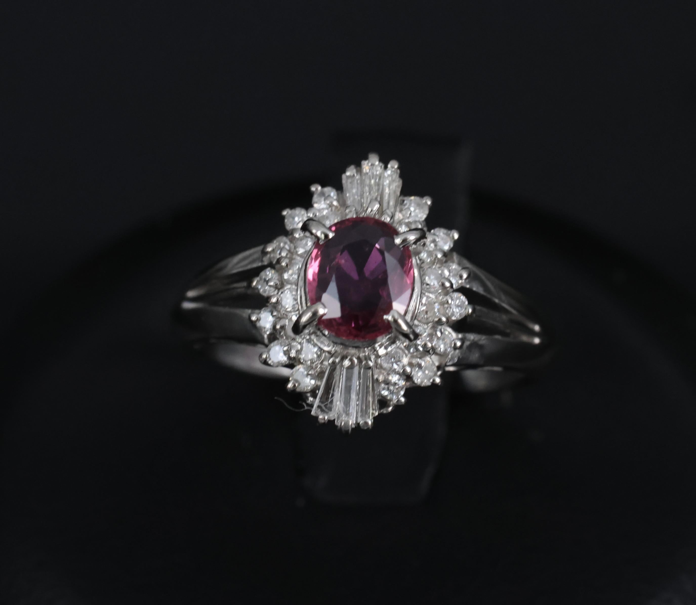 Vintage 0.75ct Ruby & 0.30ct Diamond Platinum Cocktail Cluster Ring Size 5.25