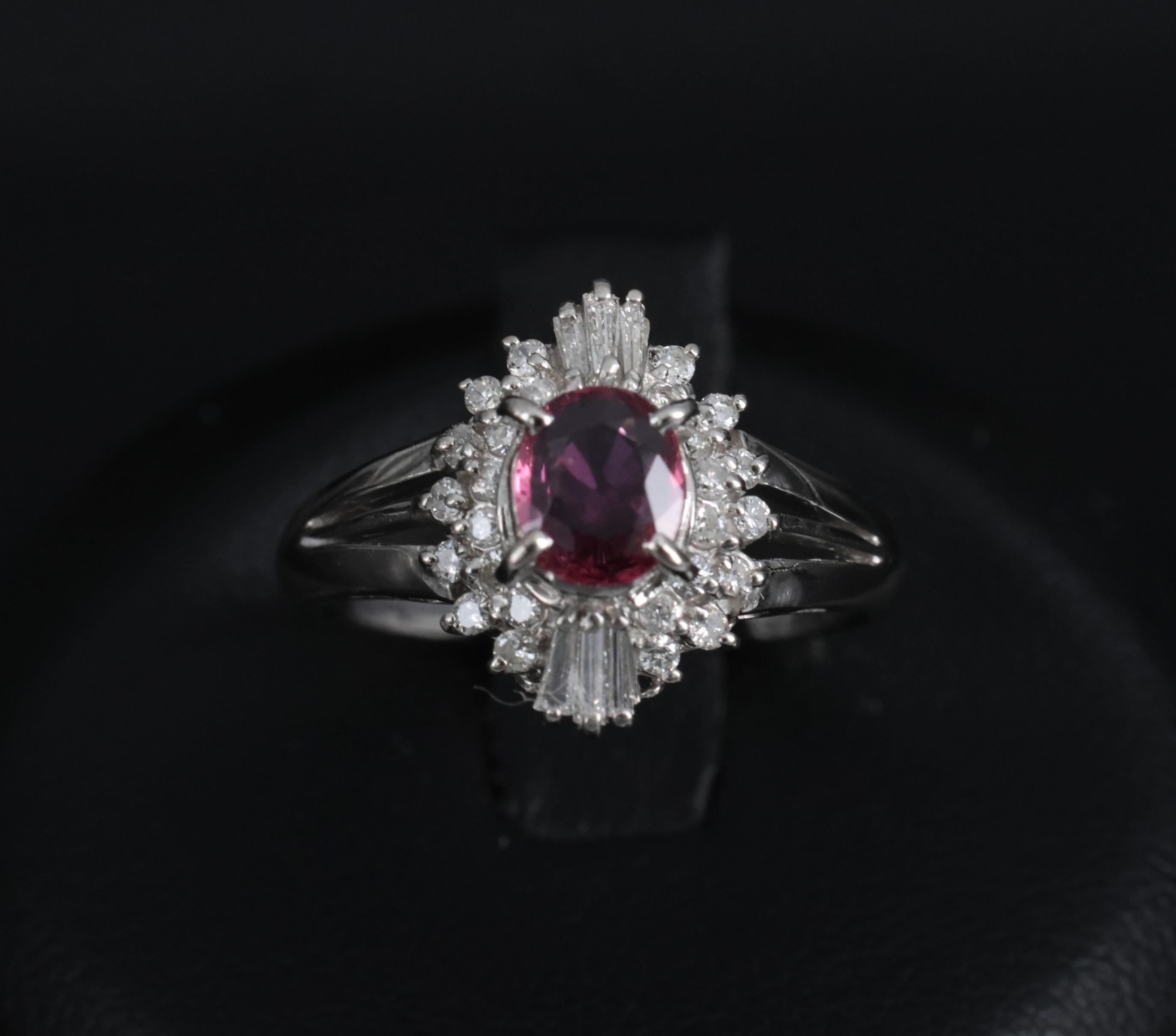 Vintage 0.75ct Ruby & 0.30ct Diamond Platinum Cocktail Cluster Ring Size 5.25