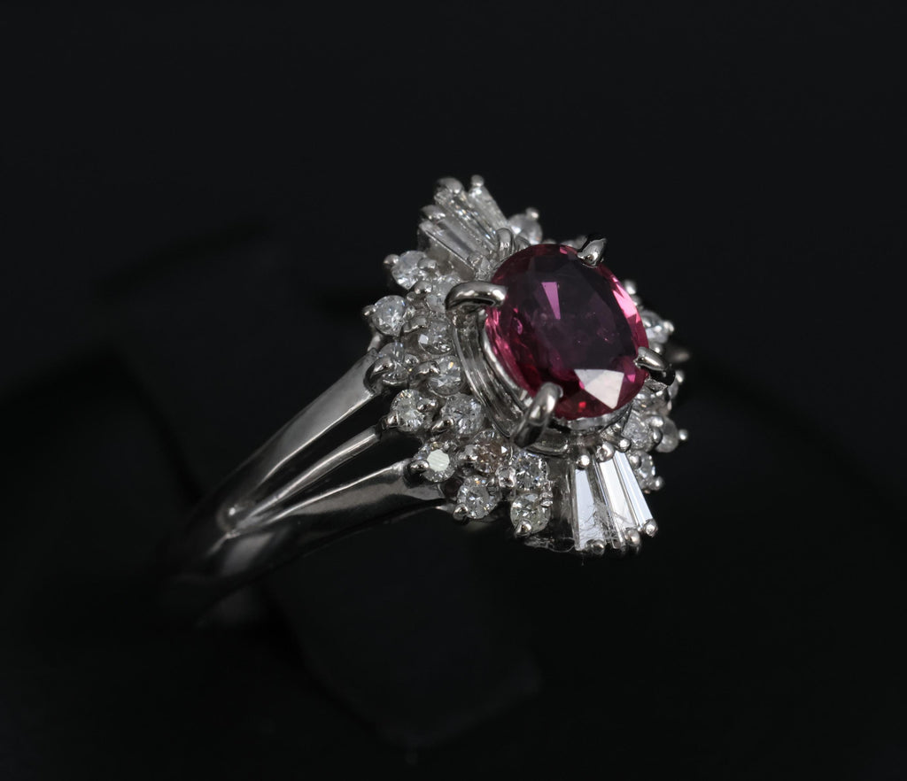 Vintage 0.75ct Ruby & 0.30ct Diamond Platinum Cocktail Cluster Ring Size 5.25