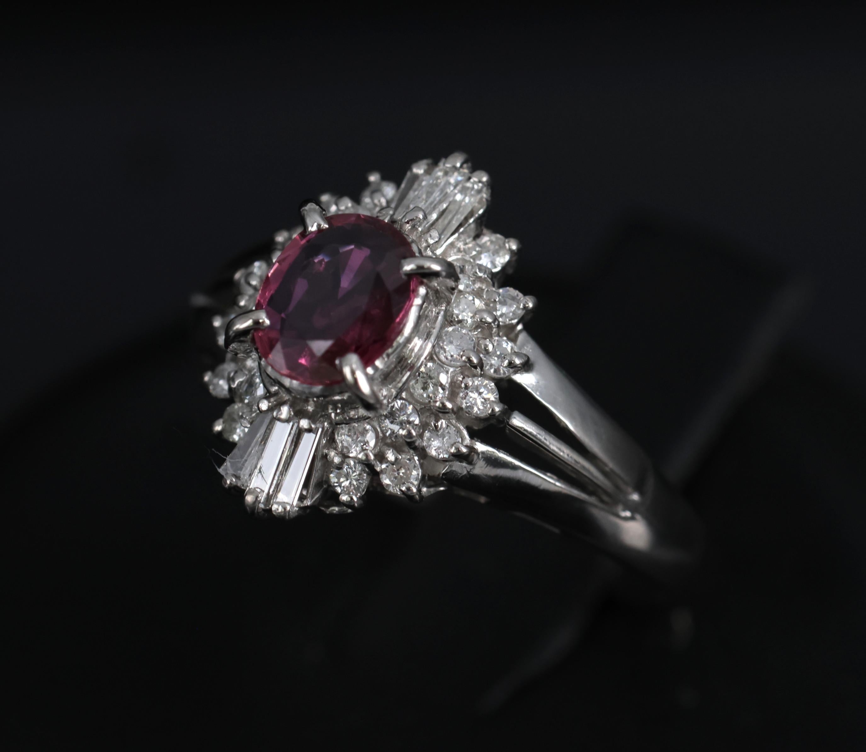 Vintage 0.75ct Ruby & 0.30ct Diamond Platinum Cocktail Cluster Ring Size 5.25