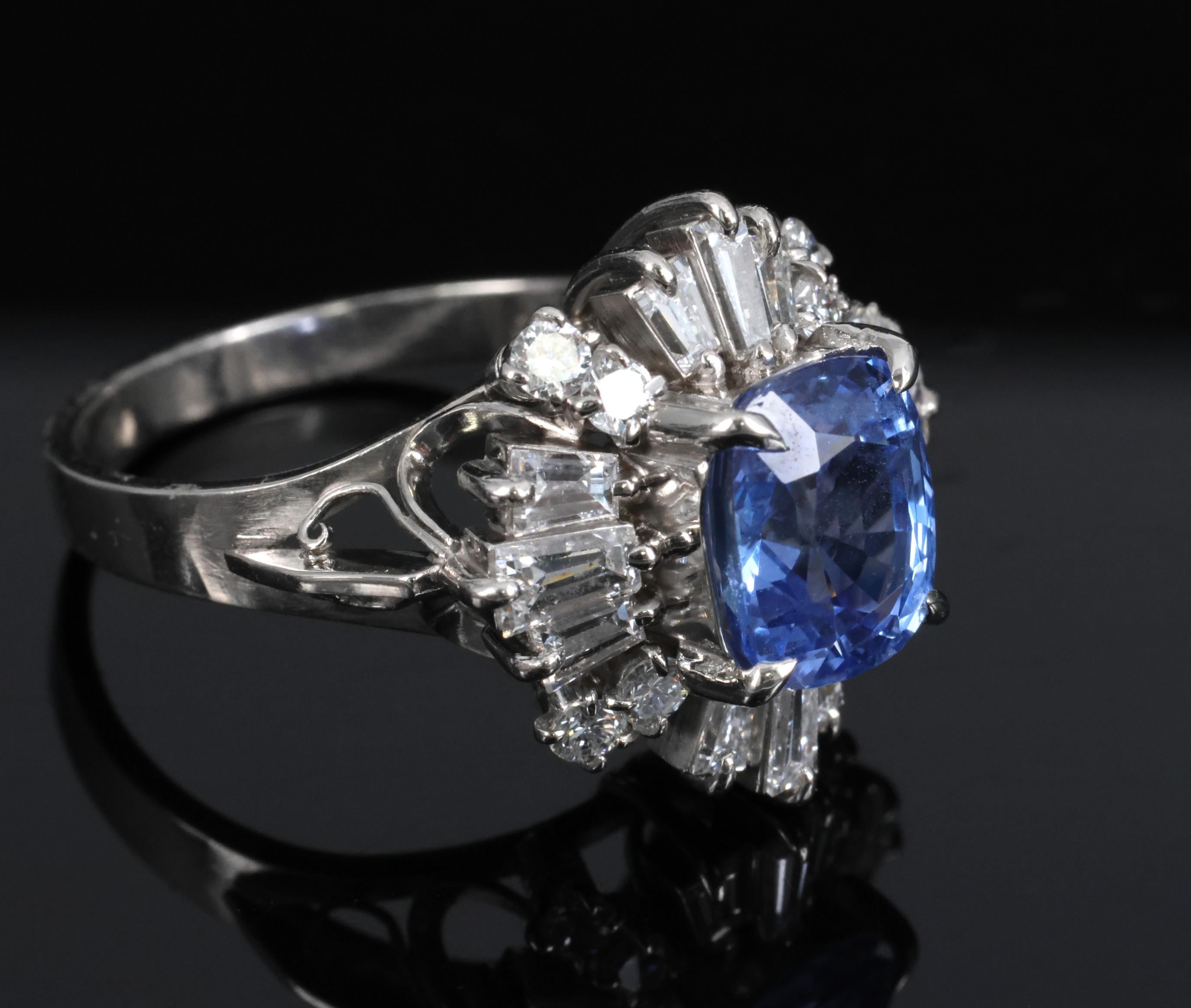 2.90ct GIA Ceylon No Heat Blue Sapphire & 1.33ct Diamond Platinum Ring Size 7.25
