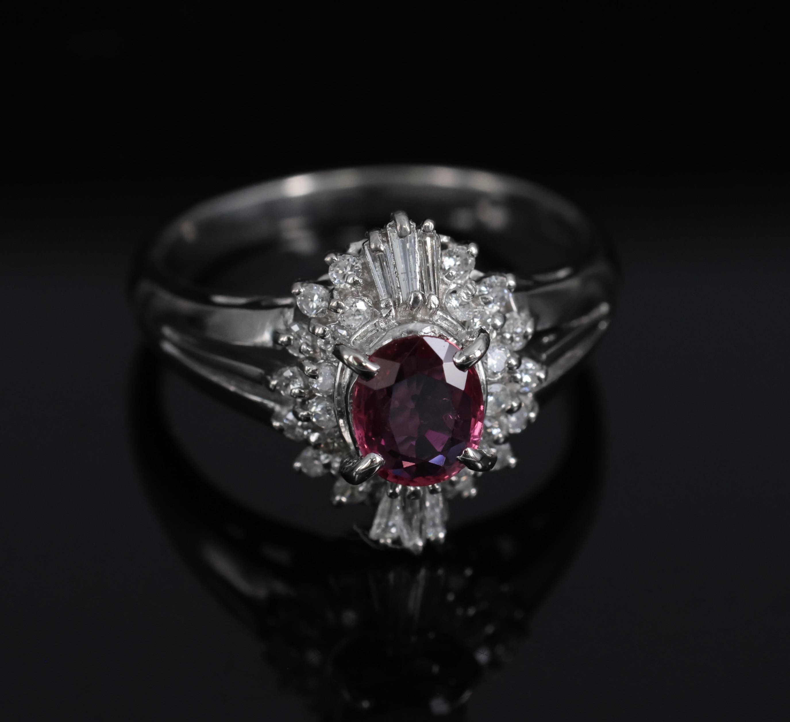 Vintage 0.75ct Ruby & 0.30ct Diamond Platinum Cocktail Cluster Ring Size 5.25