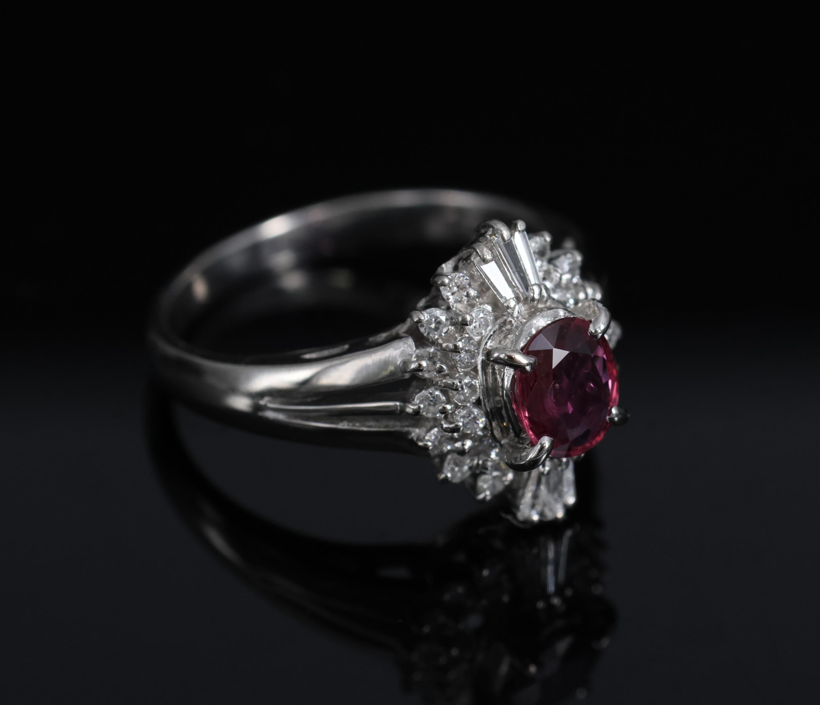 Vintage 0.75ct Ruby & 0.30ct Diamond Platinum Cocktail Cluster Ring Size 5.25