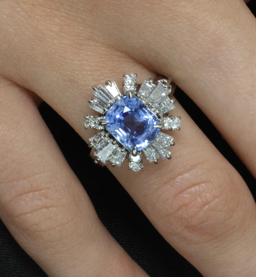 2.90ct GIA Ceylon No Heat Blue Sapphire & 1.33ct Diamond Platinum Ring Size 7.25