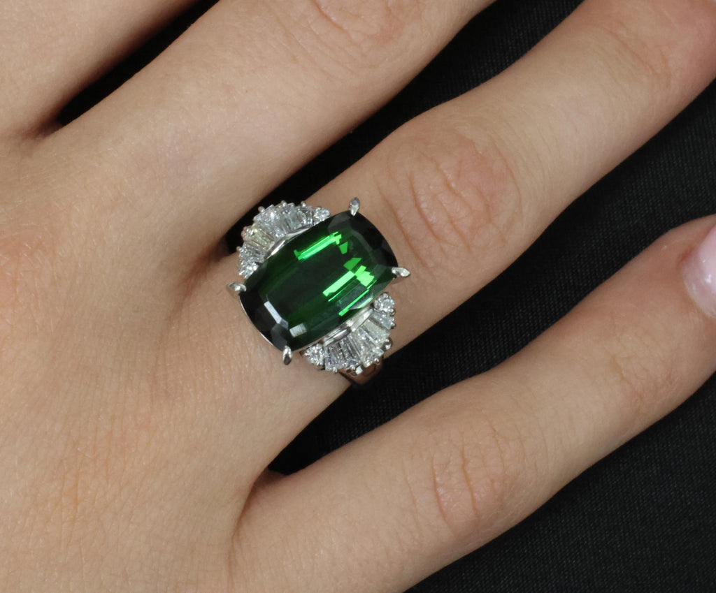 7.74ct Natural Chrome Green Tourmaline & 0.59ct Diamond Platinum Ring, Size 6