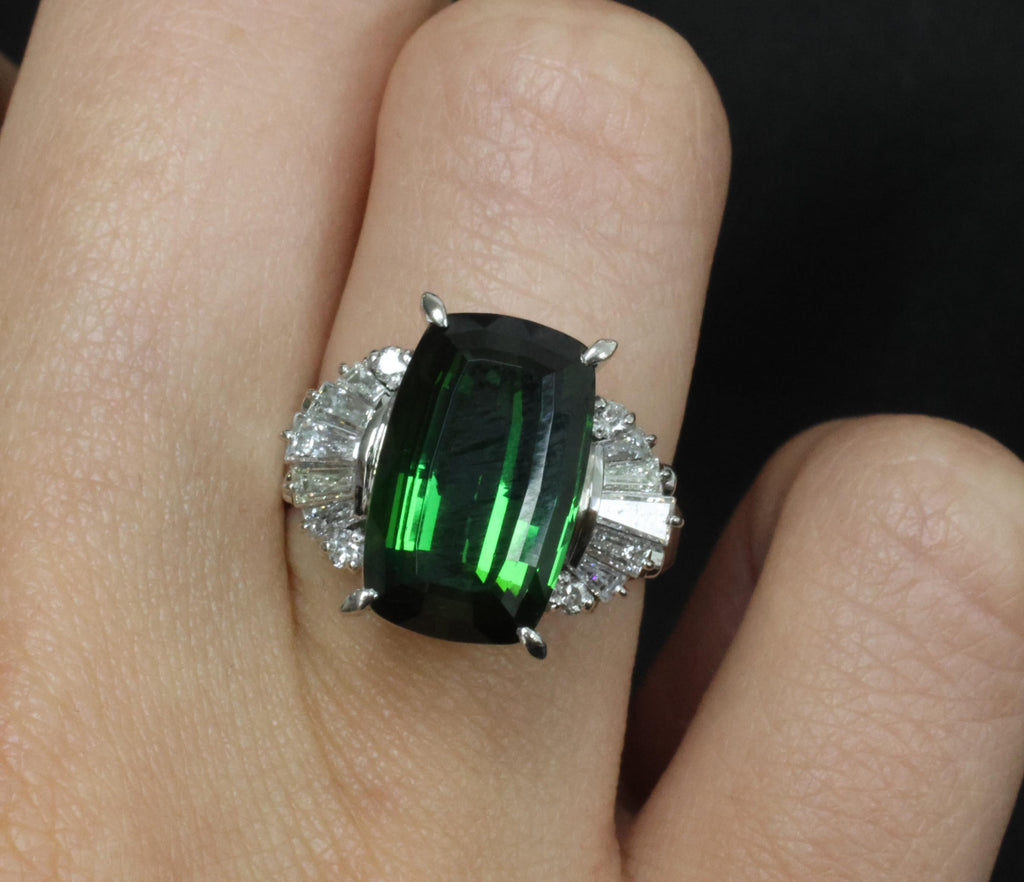 7.74ct Natural Chrome Green Tourmaline & 0.59ct Diamond Platinum Ring, Size 6