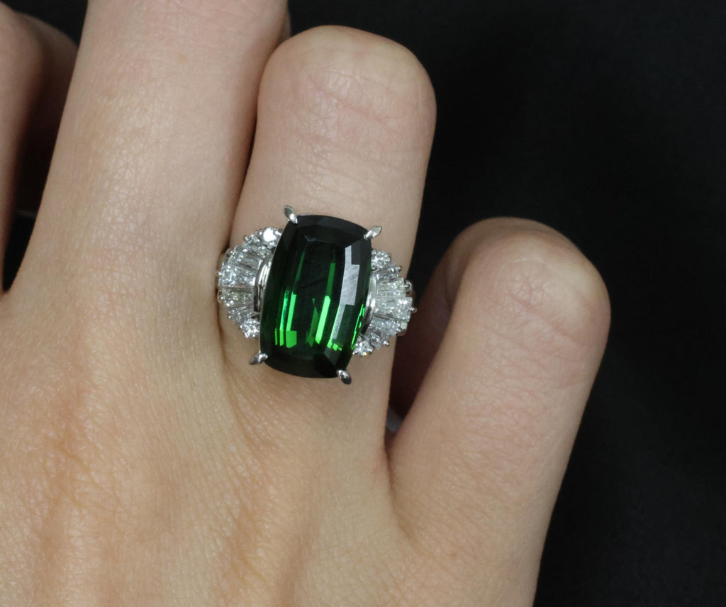 7.74ct Natural Chrome Green Tourmaline & 0.59ct Diamond Platinum Ring, Size 6