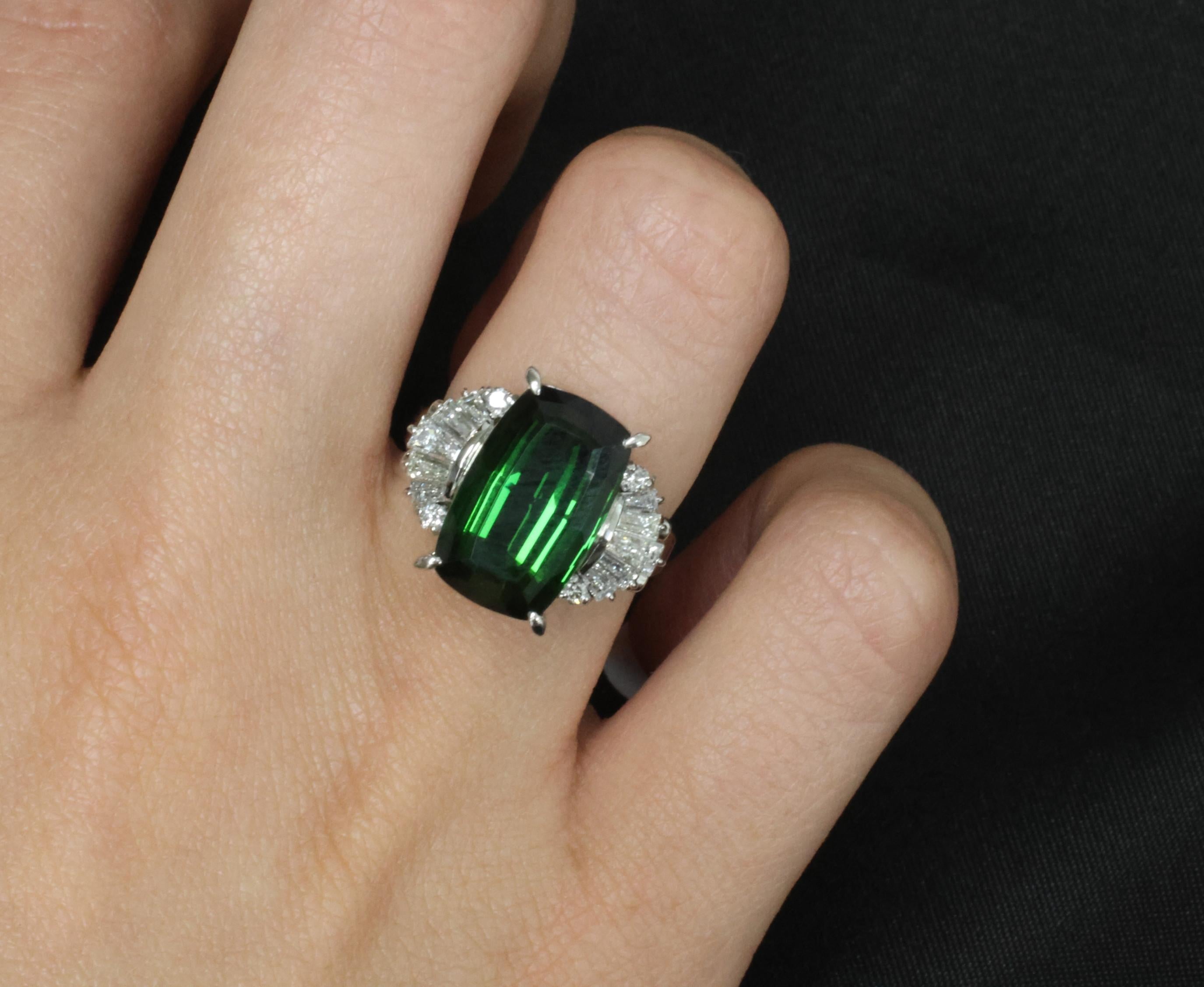 7.74ct Natural Chrome Green Tourmaline & 0.59ct Diamond Platinum Ring, Size 6
