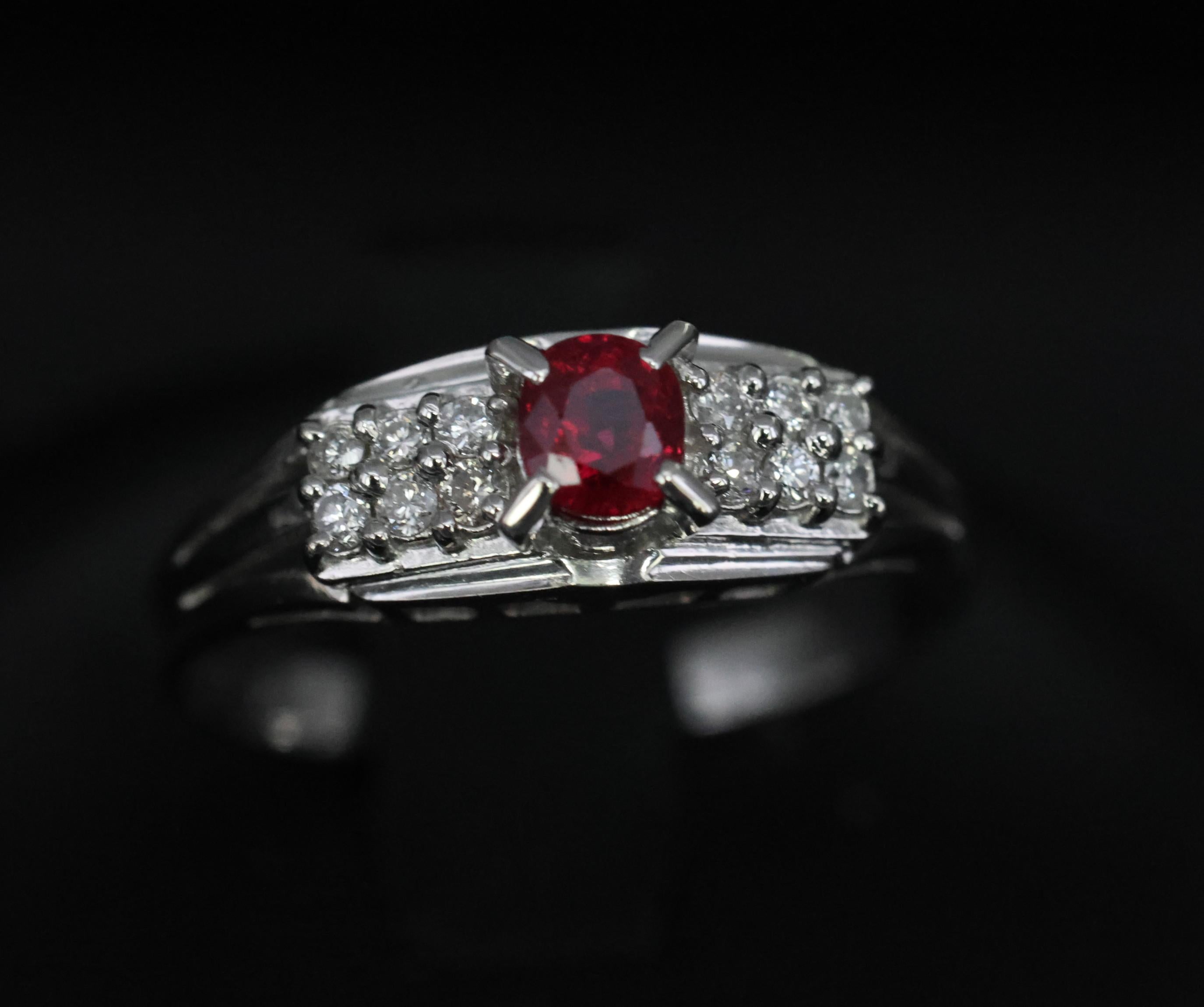Vintage 0.40ct Vivid Red Ruby & 0.12ct Diamond Platinum Ring Size 6.75. 3.93g