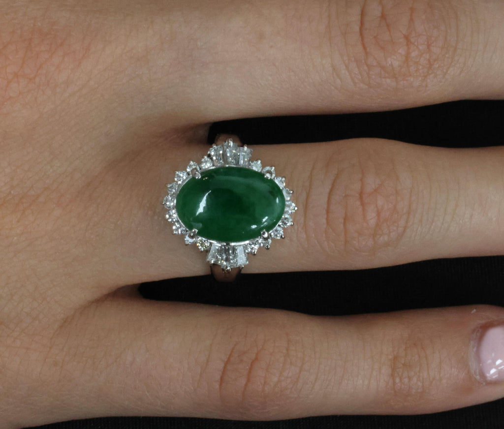 Fine 3.85ct Natural Green Jadeite Jade & 0.78ct Diamond Platinum Ring, Size 6.5
