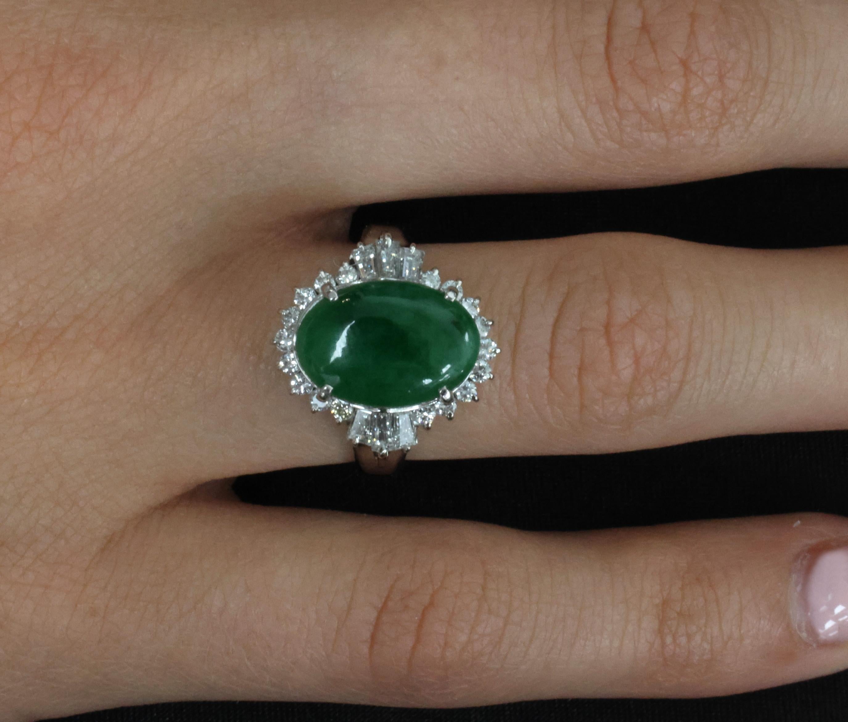Fine 3.85ct Natural Green Jadeite Jade & 0.78ct Diamond Platinum Ring, Size 6.5