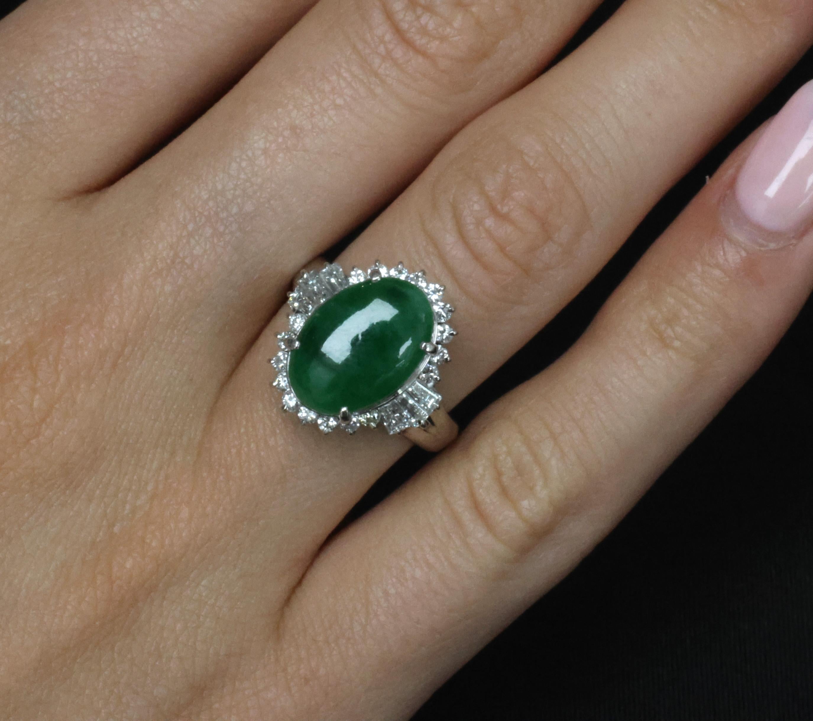 Fine 3.85ct Natural Green Jadeite Jade & 0.78ct Diamond Platinum Ring, Size 6.5