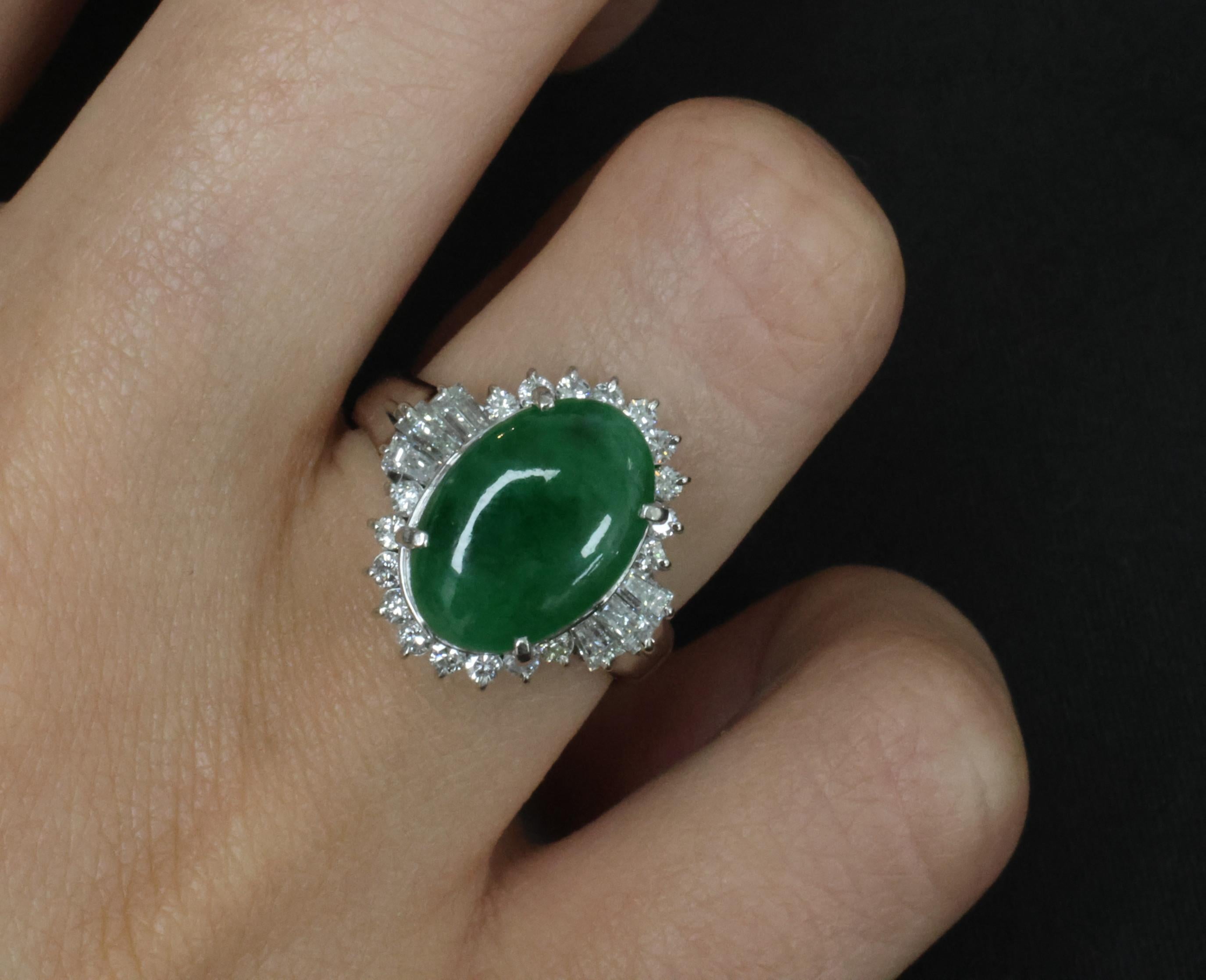 Fine 3.85ct Natural Green Jadeite Jade & 0.78ct Diamond Platinum Ring, Size 6.5
