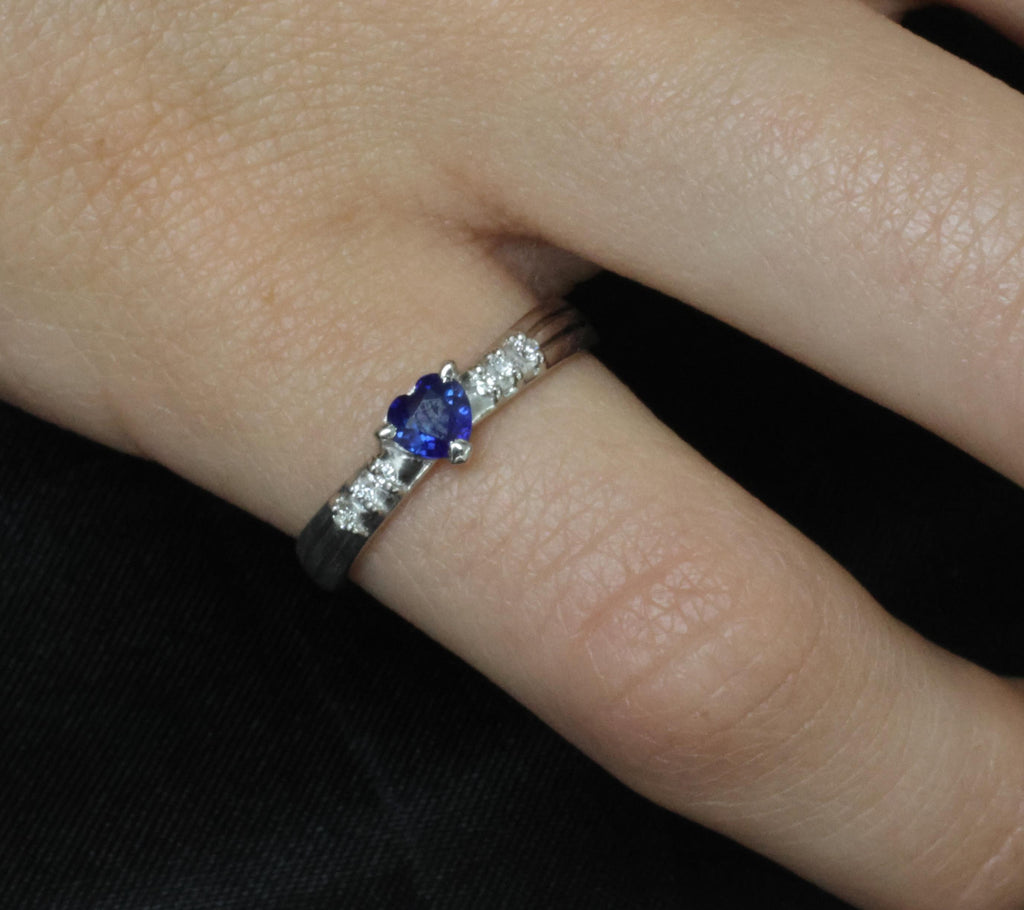 0.32ct Heart Royal Blue Natural Sapphire & 0.06ct Diamond Platinum Ring Size 5.5