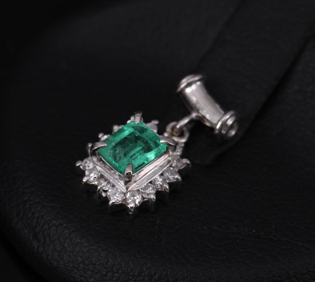 Fine Vintage 0.47 Colombian Emerald & 0.16 Diamond Platinum Pendant 2.0 Grams