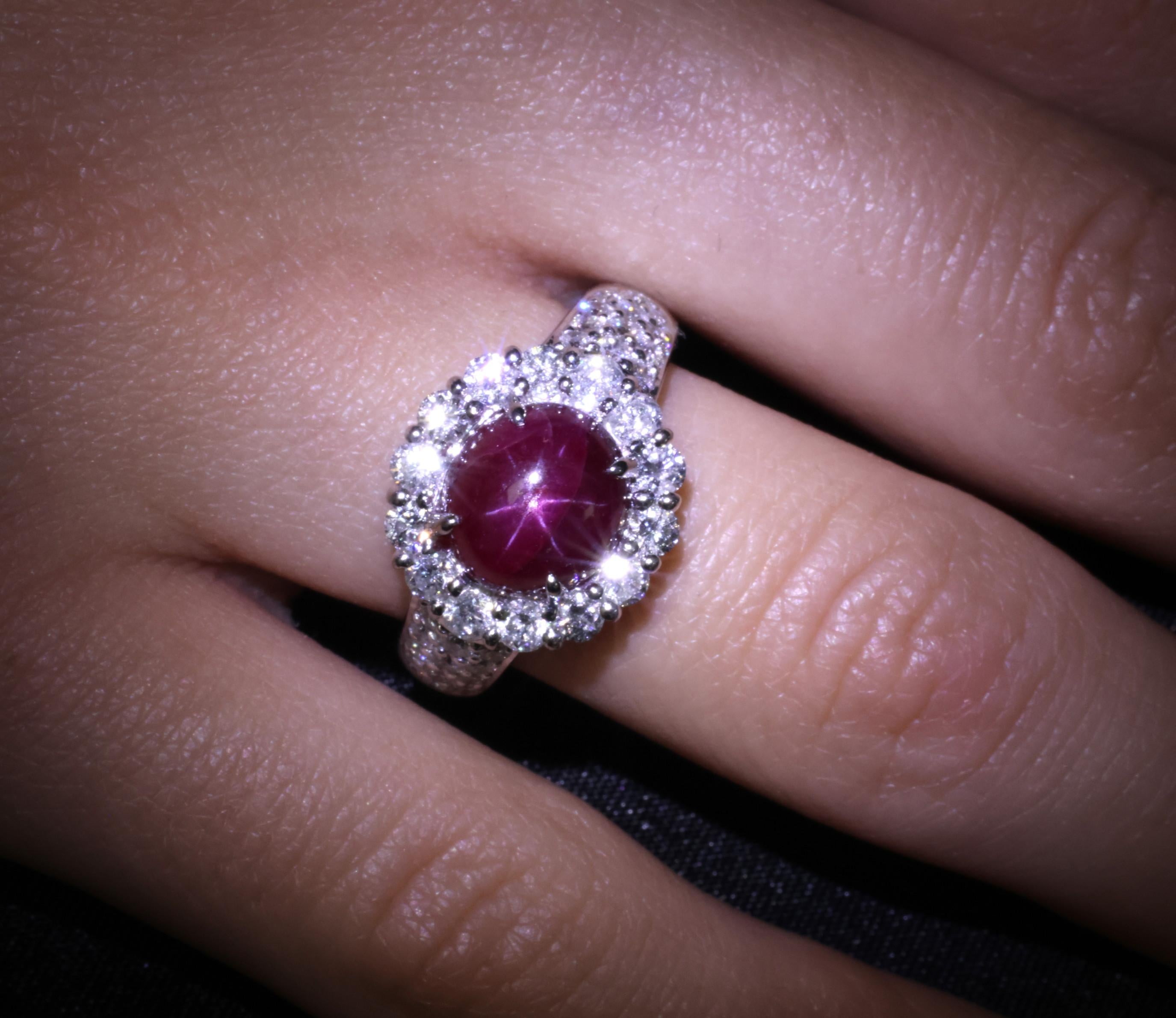 4.39ct Natural Untreated Star Ruby & 1.30ct Diamond Halo Platinum Ring, Size 7