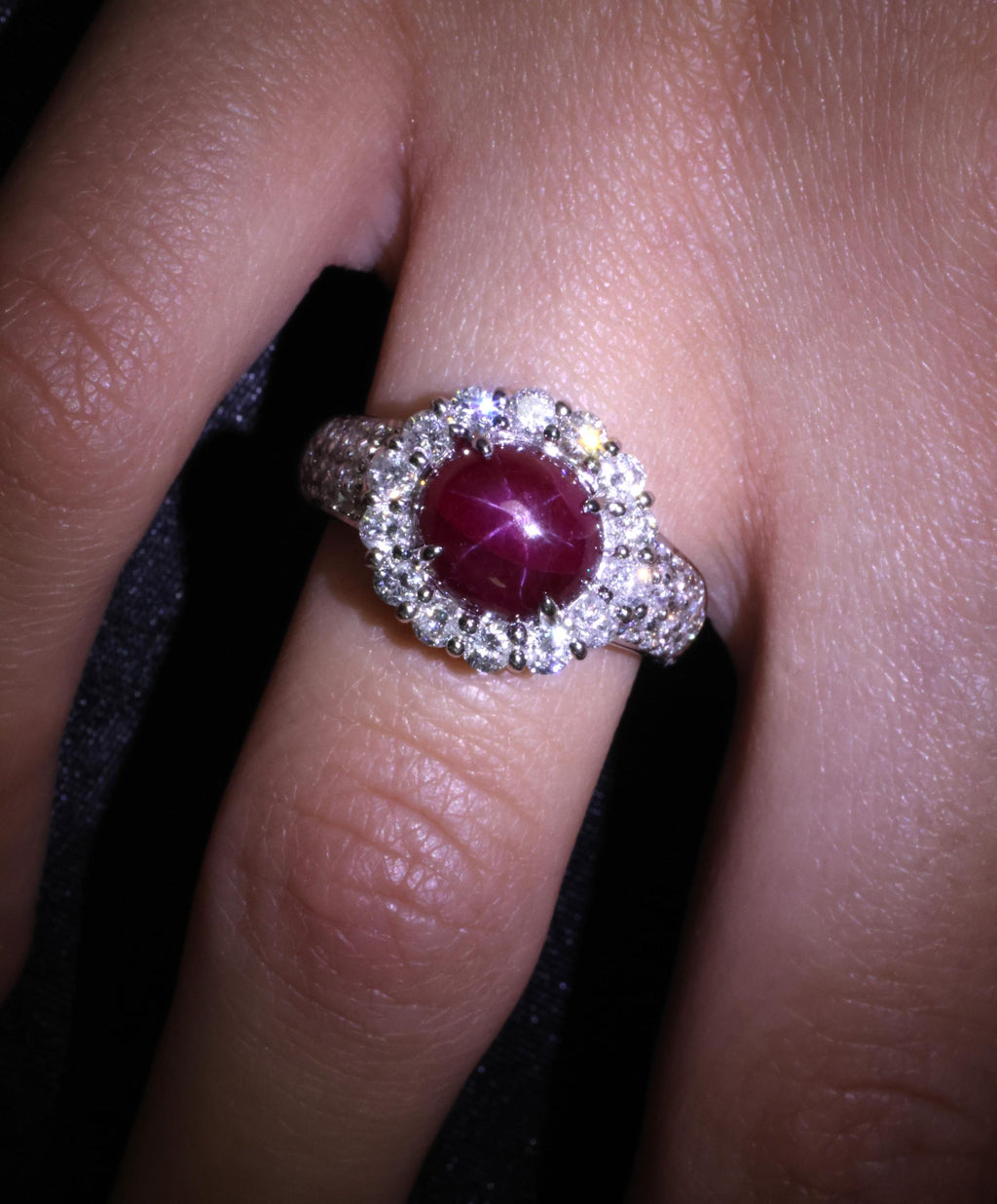 4.39ct Natural Untreated Star Ruby & 1.30ct Diamond Halo Platinum Ring, Size 7