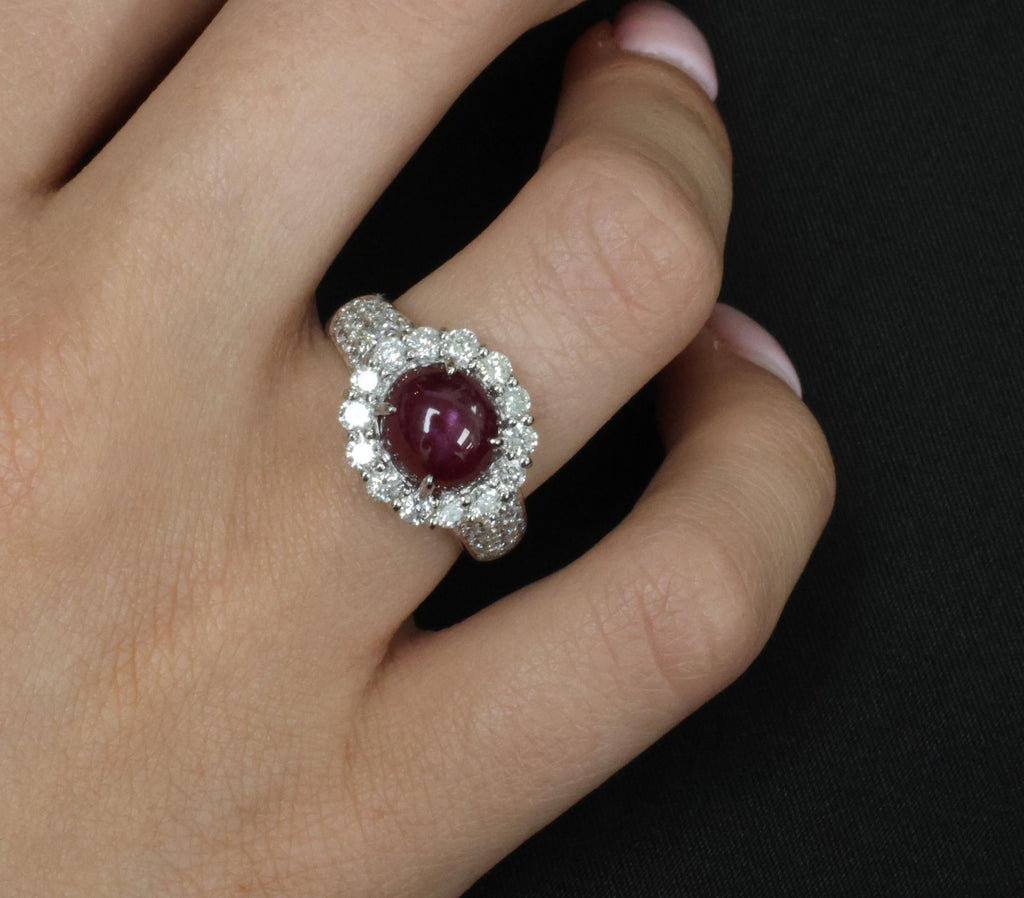 4.39ct Natural Untreated Star Ruby & 1.30ct Diamond Halo Platinum Ring, Size 7