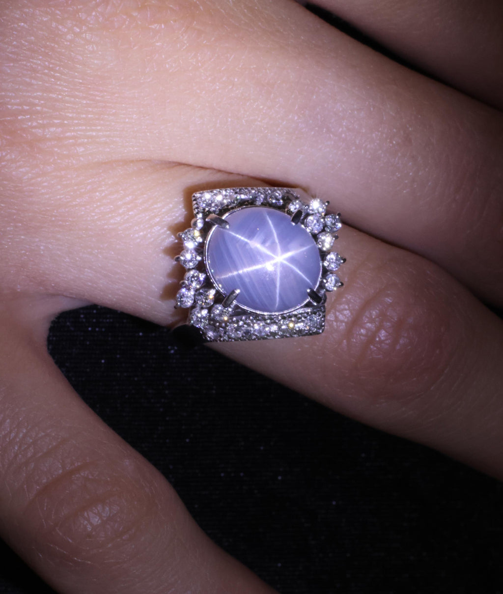 Fine 7.74ct Natural Untreated Star Sapphire &0.48ct Diamond Platinum Ring Size 7