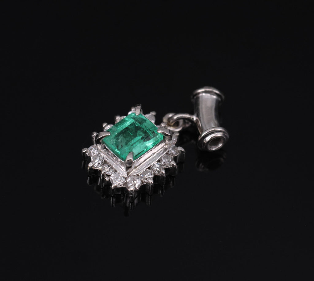 Fine Vintage 0.47 Colombian Emerald & 0.16 Diamond Platinum Pendant 2.0 Grams