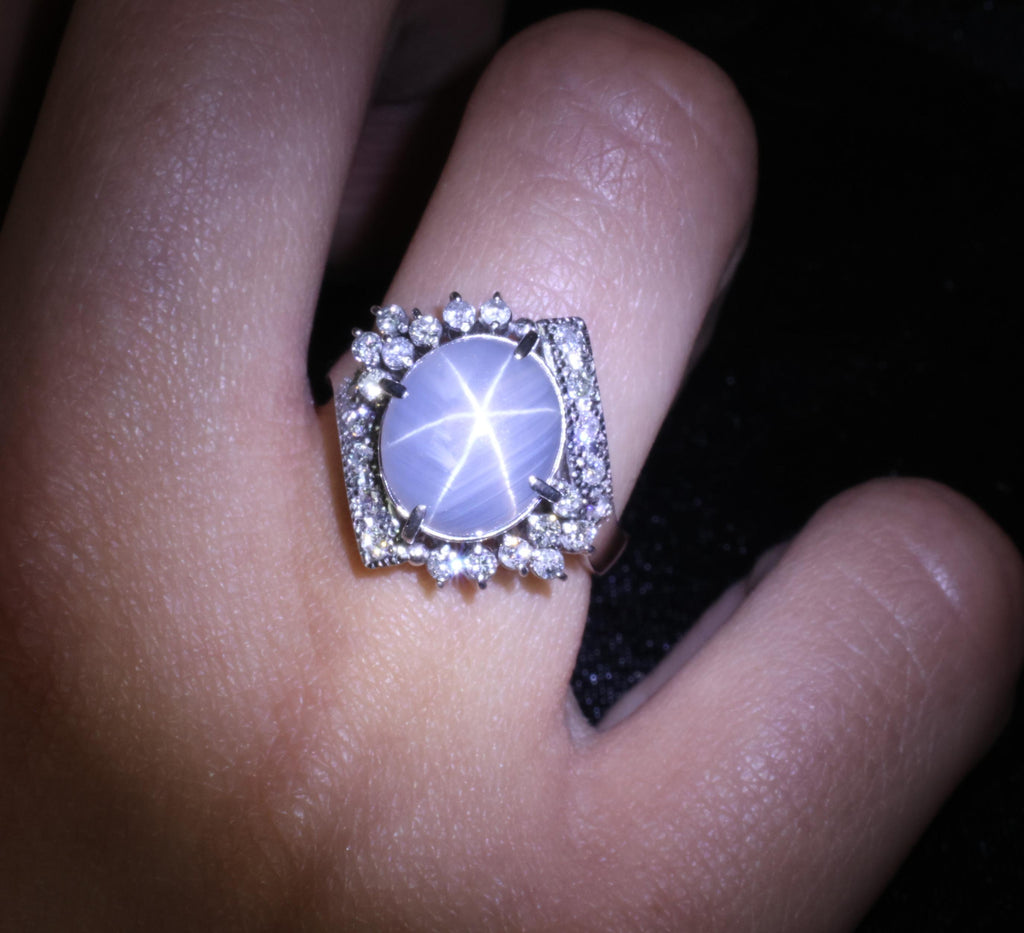 Fine 7.74ct Natural Untreated Star Sapphire &0.48ct Diamond Platinum Ring Size 7